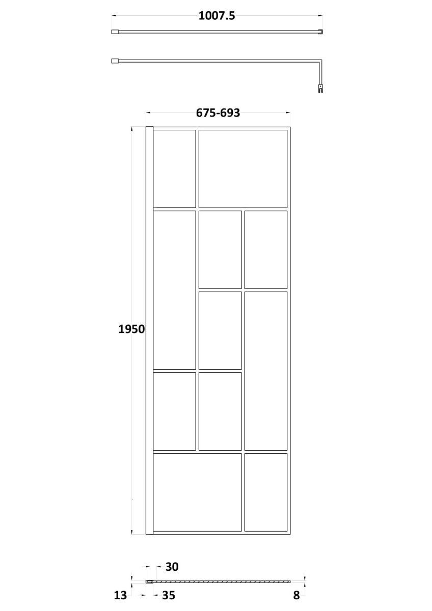 Hudson Reed Abstract Frame Wetroom Screen, Toughened Wet Room Glass Panels with Support Bar & Accessories in Matt Black, 700mm
