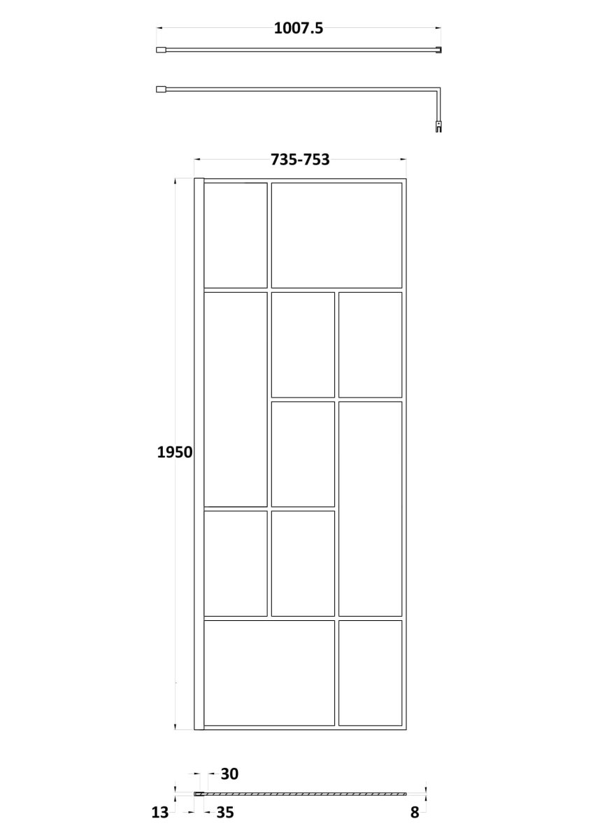 Hudson Reed Abstract Frame Wetroom Screen, Toughened Wet Room Glass Panels with Support Bar & Accessories in Matt Black, 760mm