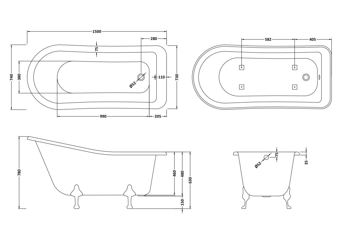 Old London Brockley Freestanding Bath Tub with Pride Leg Set, Durable Double Ended Traditional Bathroom Style in White, 1500mm