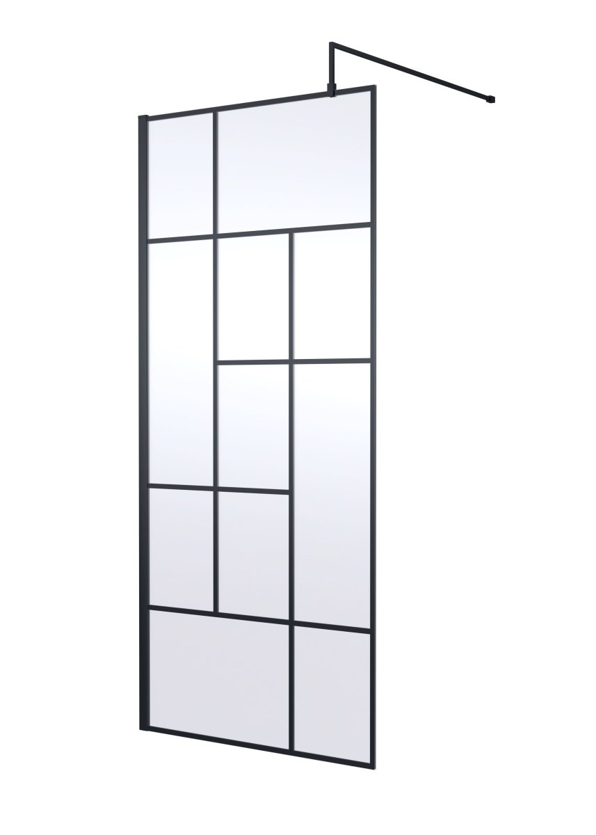Hudson Reed Abstract Frame Wetroom Screen, Toughened Wet Room Glass Panels with Support Bar & Accessories in Matt Black, 900mm