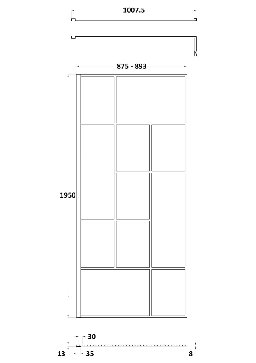 Hudson Reed Abstract Frame Wetroom Screen, Toughened Wet Room Glass Panels with Support Bar & Accessories in Matt Black, 900mm