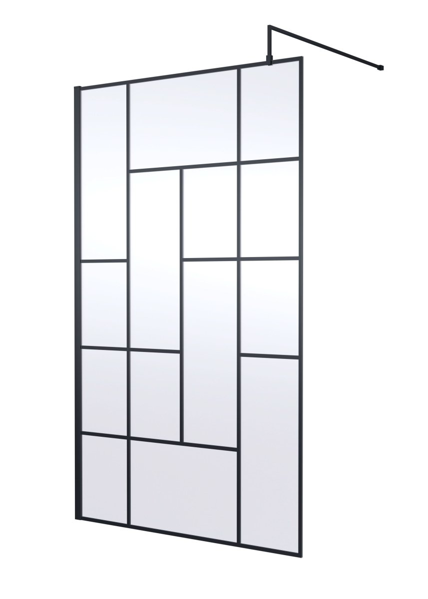 Hudson Reed Abstract Frame Wetroom Screen, Toughened Wet Room Glass Panels with Support Bar & Accessories in Matt Black, 1200mm