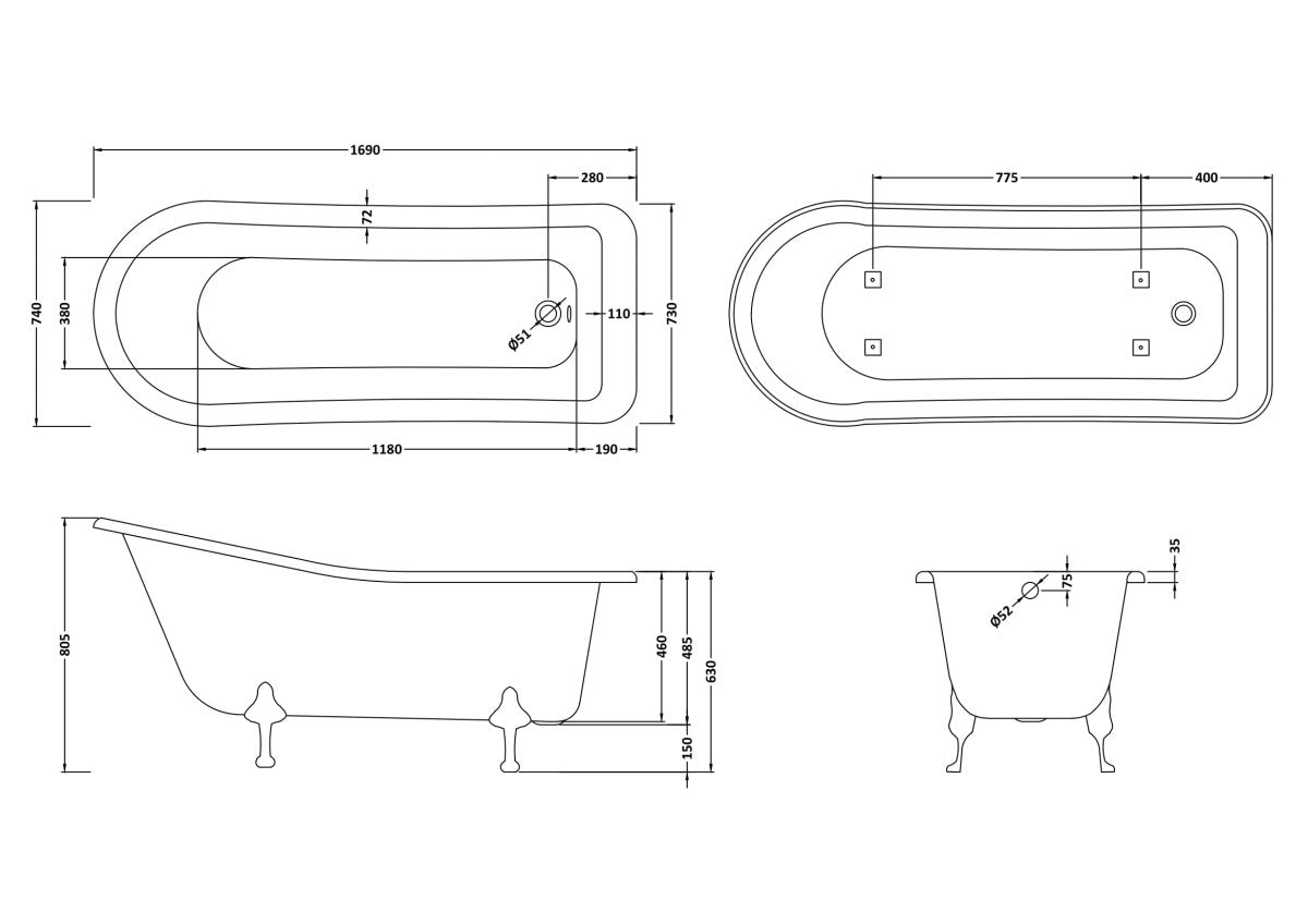 Old London Brockley Freestanding Bath Tub with Deacon Leg Set, Durable Single Ended Traditional Bathroom Style in White, 1700mm