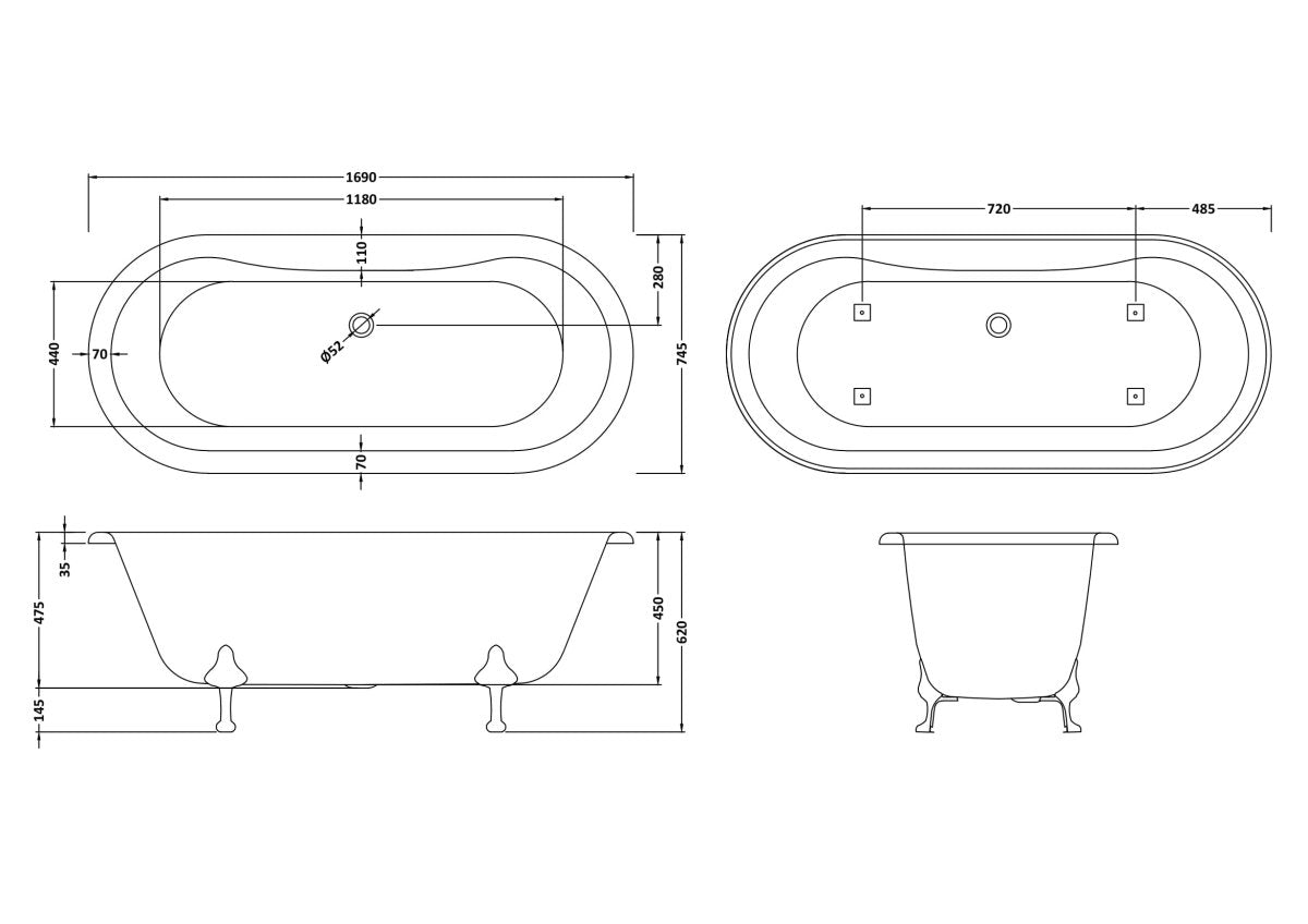 Old London Kingsbury Freestanding Bath Tub with Pride Leg Set, Durable Double Ended Traditional Bathroom Style in White, 1700mm