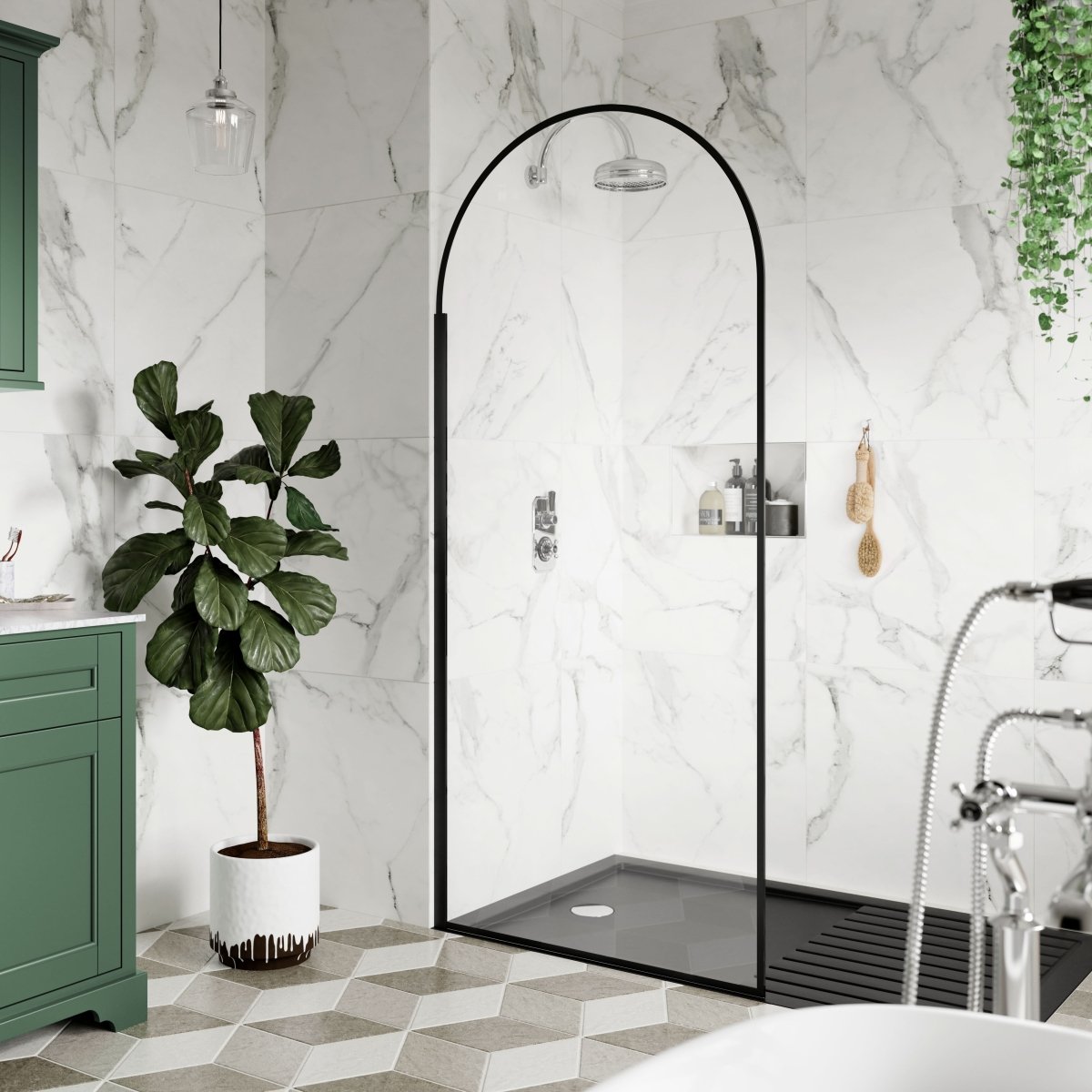Hudson Reed Arch Return Wetroom Screen, Durable Toughened Safety Glass Frameless Glass Wet Room Panel in Matt Black, 800mm