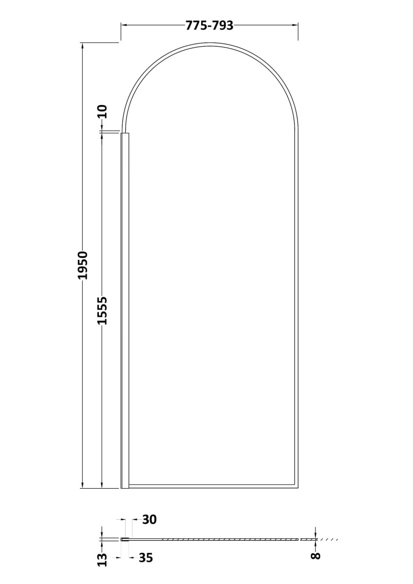 Hudson Reed Arch Return Wetroom Screen, Durable Toughened Safety Glass Frameless Glass Wet Room Panel in Matt Black, 800mm