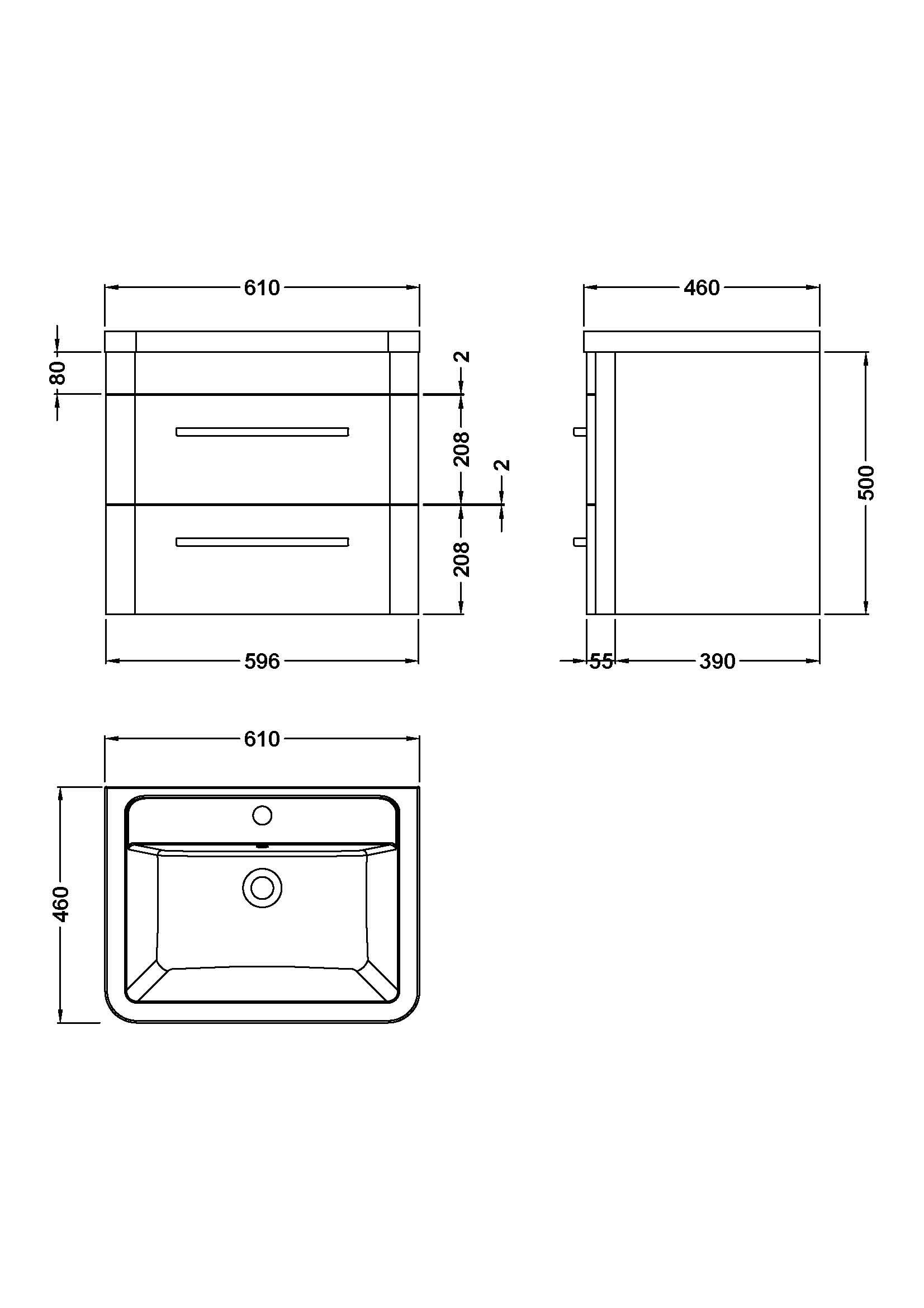 Hudson Reed Solar Wall Hung Vanity Unit with Ceramic Basin, Modern 2 Drawer Bathroom Sink Vanity Unit in Cool Grey, 600mm
