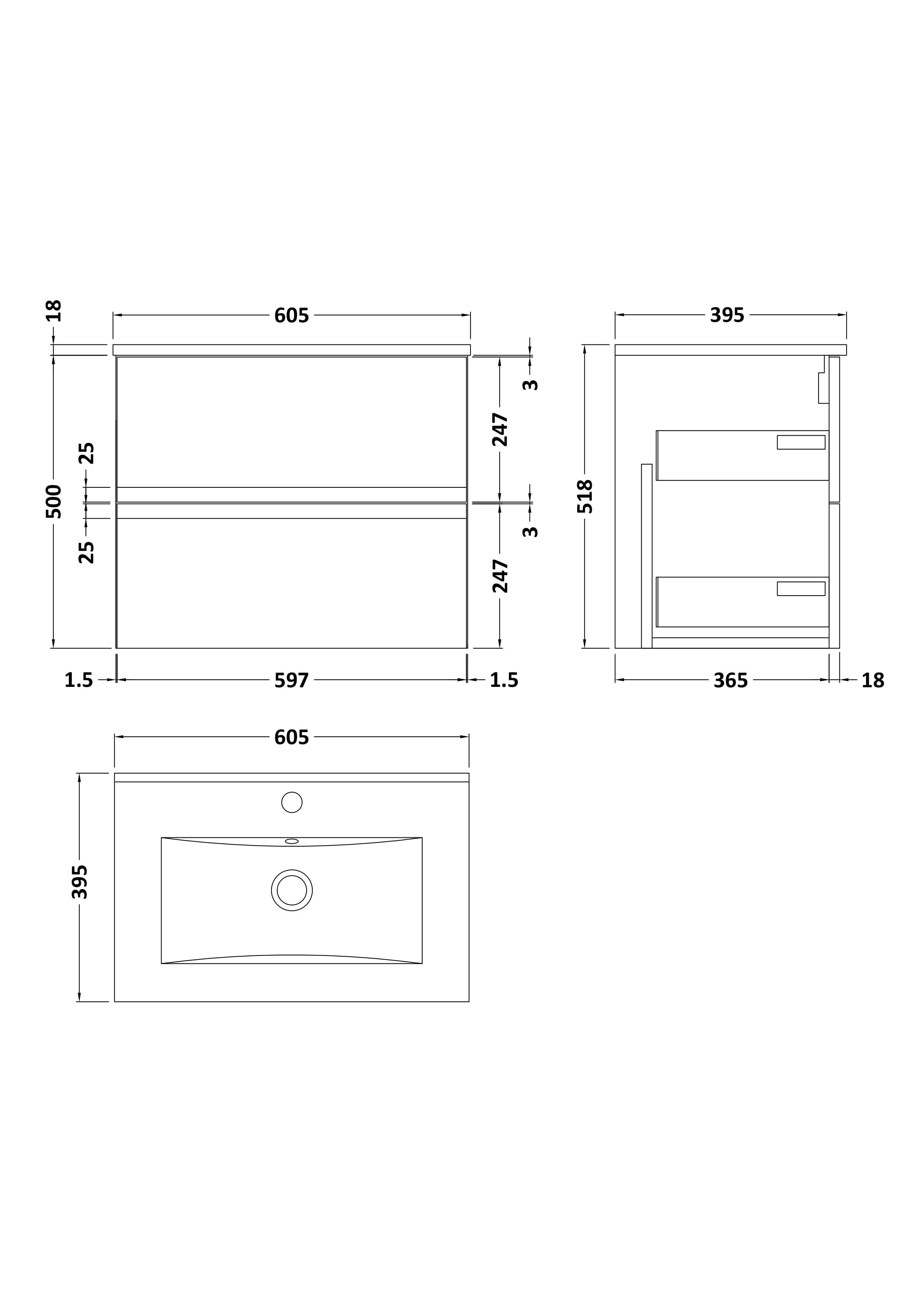 Hudson Reed Urban Wall Hung 2 Drawer Vanity Unit with Minimalist Ceramic Basin, Modern Bathroom Furniture in Satin Grey, 600mm