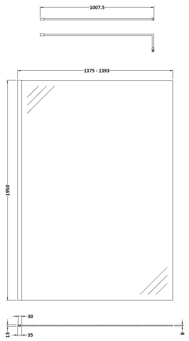 Hudson Reed Wetroom Screen & Support Bar, Durable Toughened Glass Wet Room Glass Panels Wetroom Shower Screen in Chrome, 1400mm