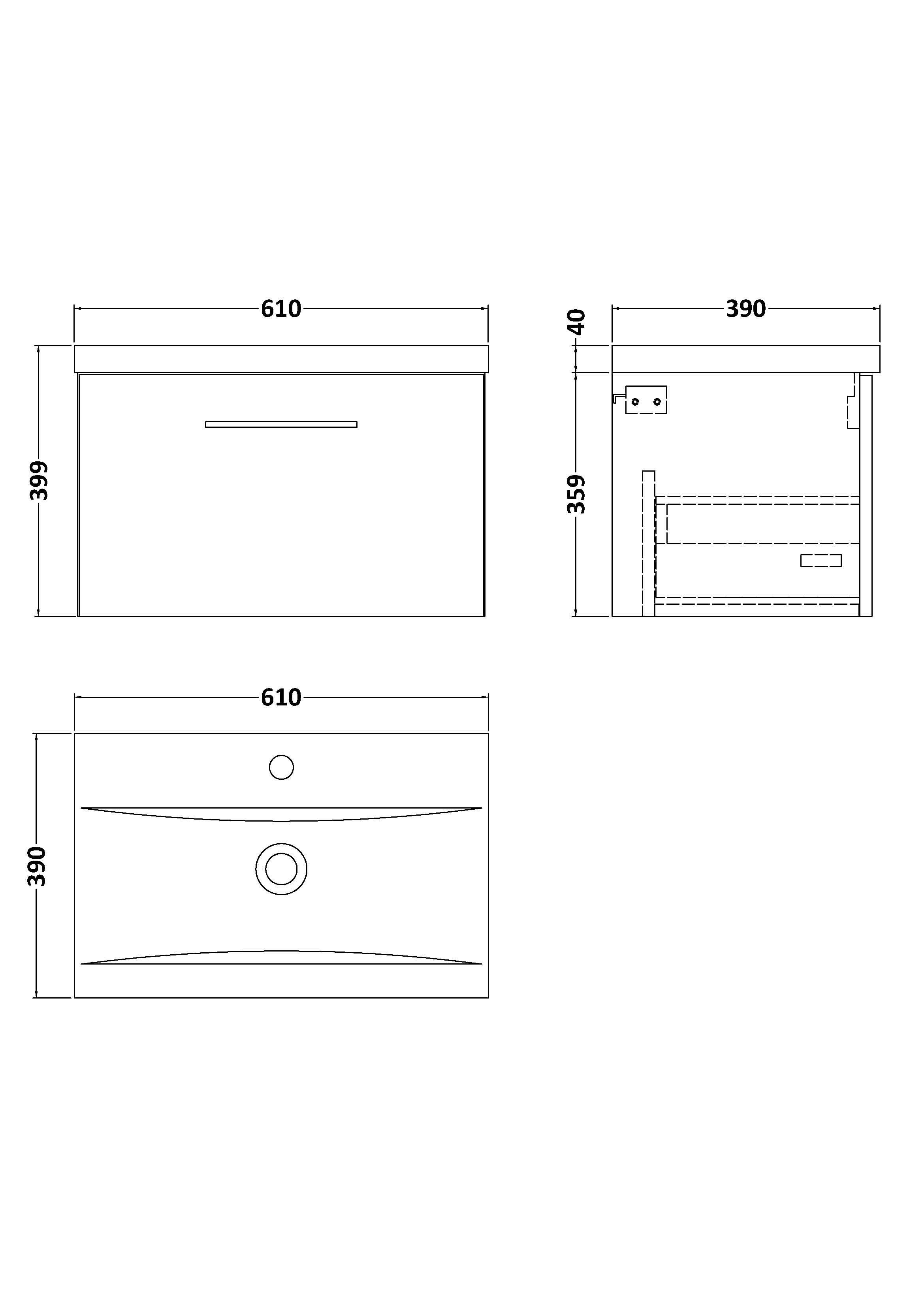 Nuie Arno Wall Hung 1 Drawer Vanity & Mid-Edge Ceramic Basin, Contemporary Wall Hung Vanity Unit with Basin, Soft Black, 600mm