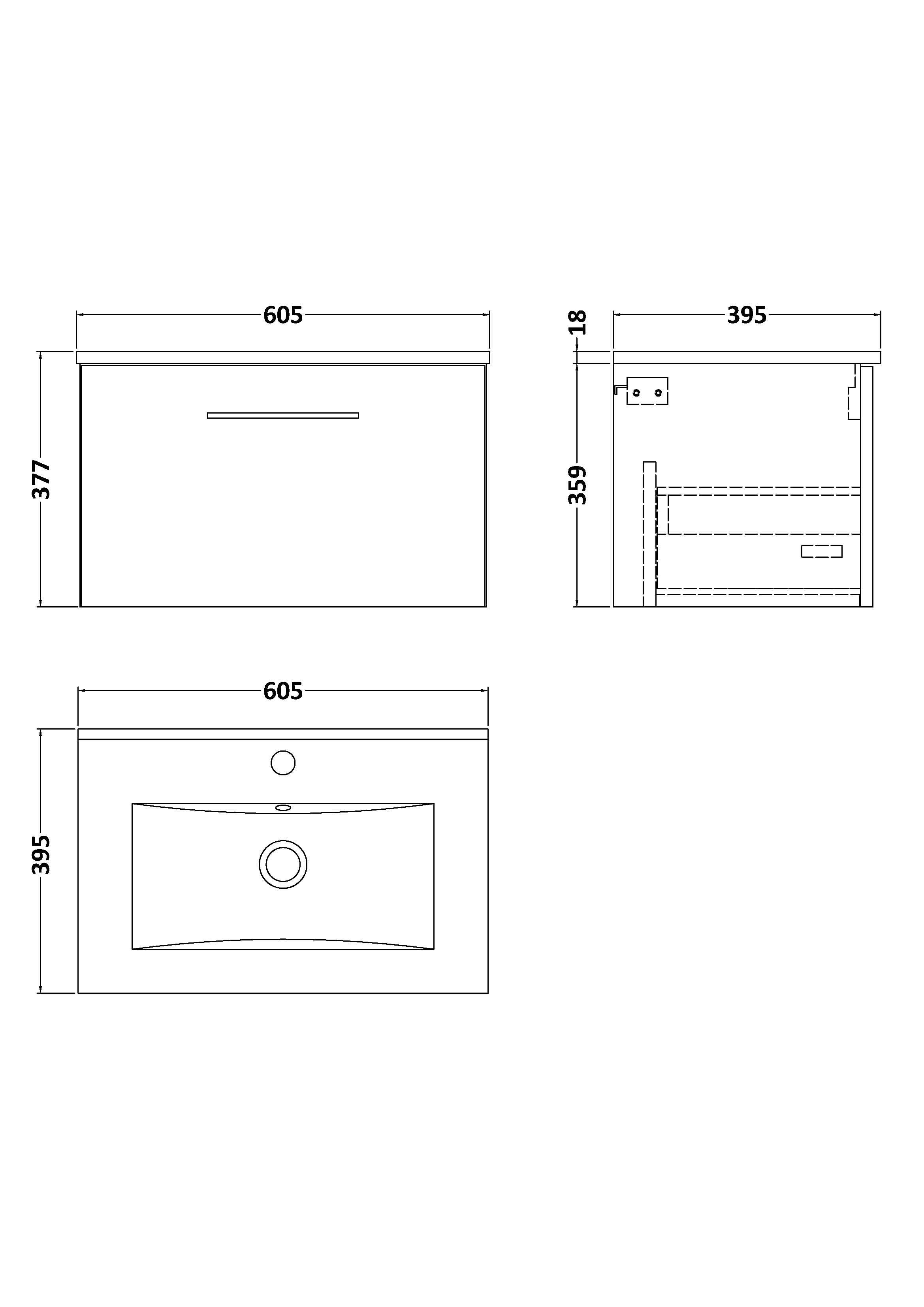 Nuie Arno Wall Hung 1 Drawer Vanity & Minimalist Ceramic Basin, Compact Wall Hung Vanity Unit with Basin, Soft Black, 600mm
