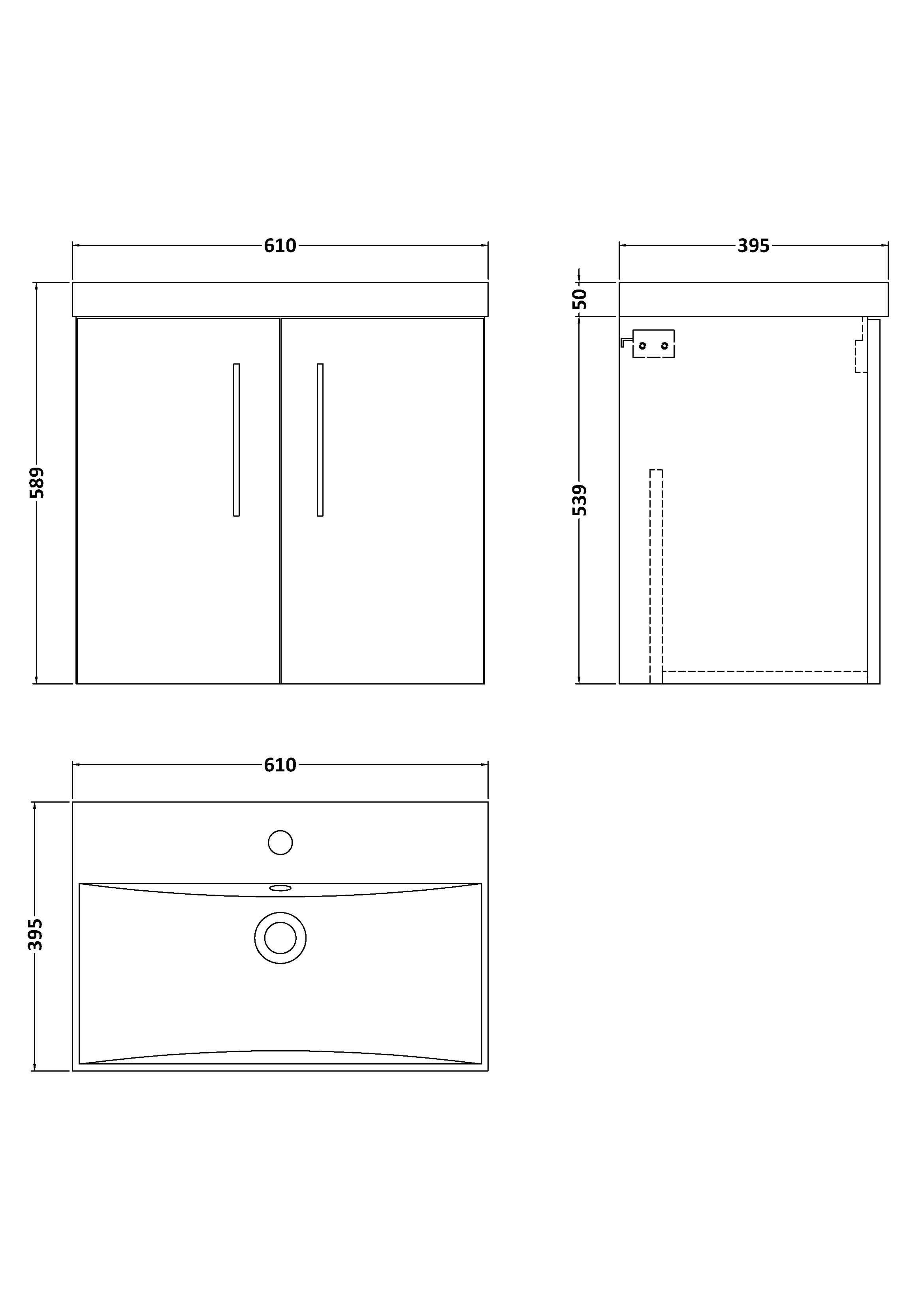 Nuie Arno Wall Hung 2 Door Vanity Unit & Thin-Edge Ceramic Basin, Contemporary Vanity Unit with Basin, Soft Black, 600mm