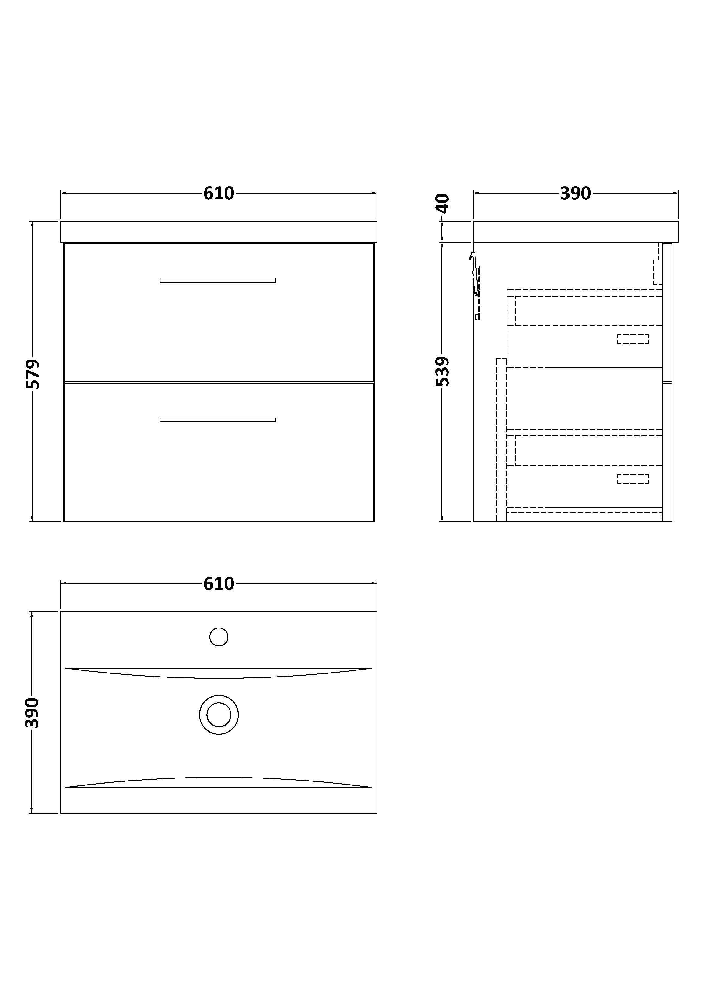 Nuie Arno Wall Hung 2 Drawer Vanity Unit & Mid-Edge Ceramic Basin, Modern Wall Hung Vanity Unit and Basin, Soft Black, 600mm