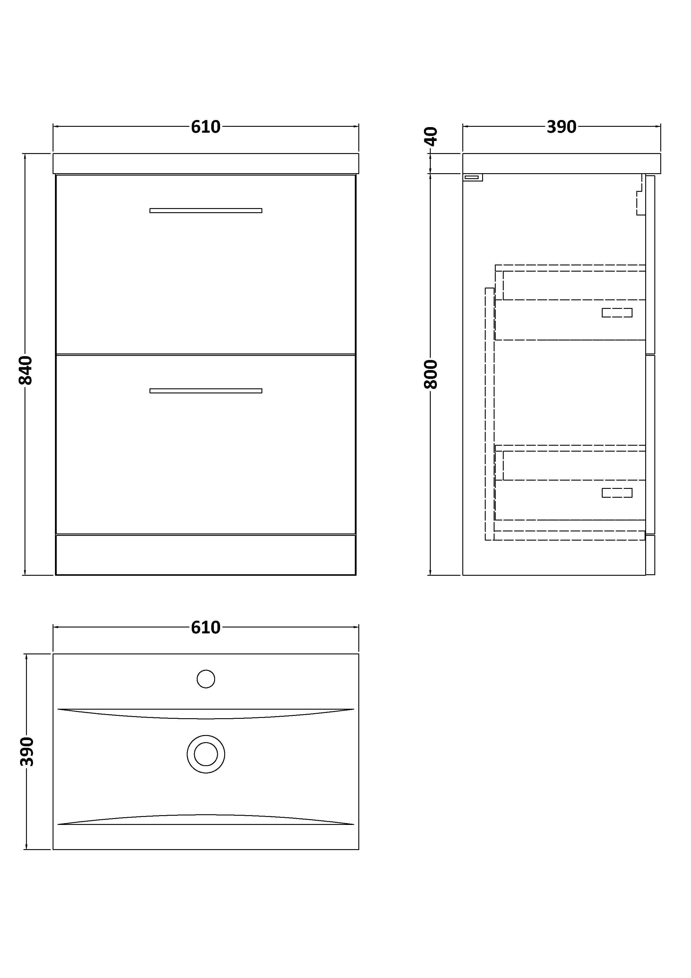 Nuie Arno Floor Standing 2 Drawer Vanity Unit & Mid-Edge Ceramic Basin, Modern Sink Vanity Unit, Soft Black, 600mm