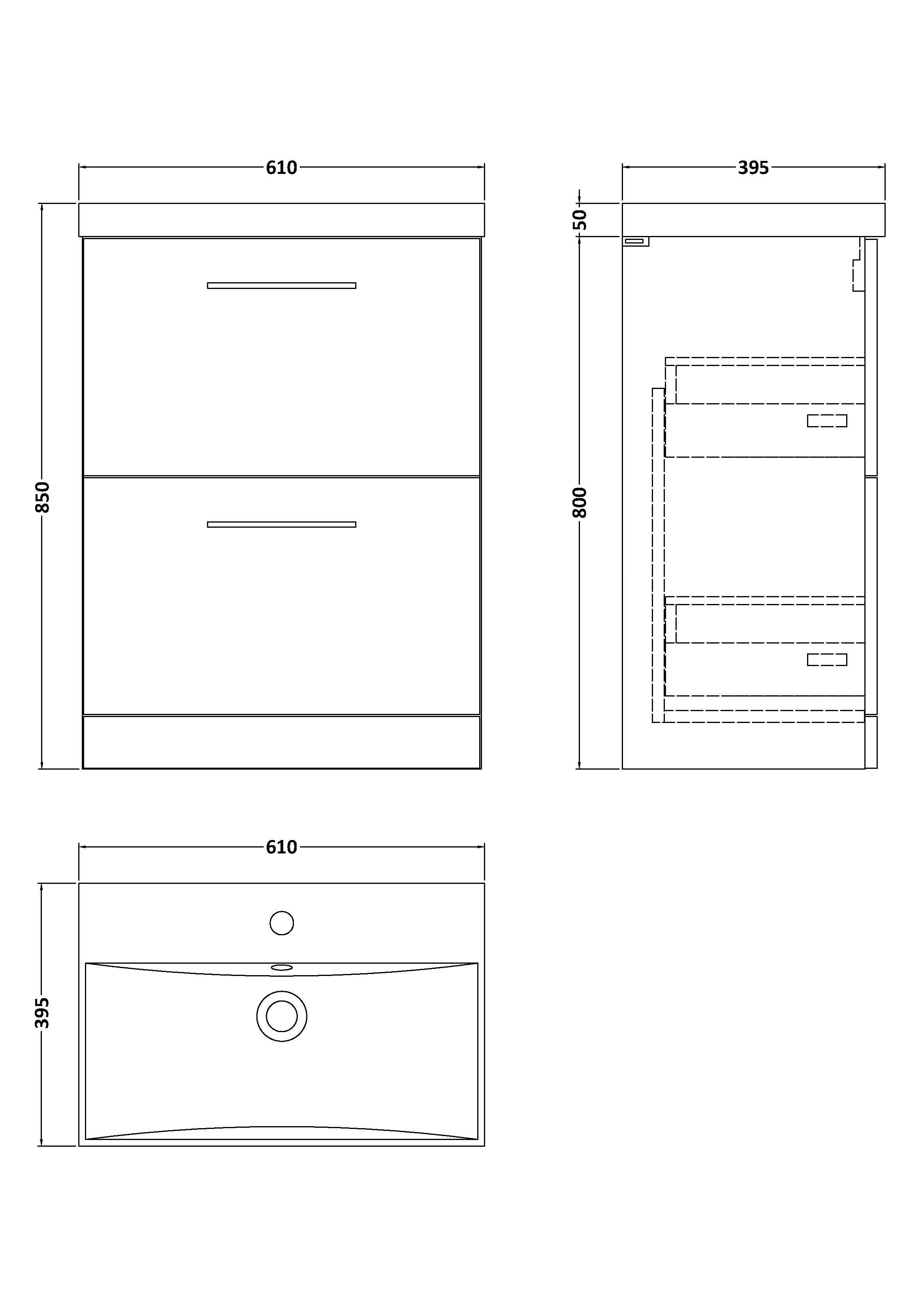 Nuie Arno Floor Standing 2 Drawer Vanity Unit & Thin-Edge Ceramic Basin, Compact Sink Vanity Unit, Soft Black, 600mm