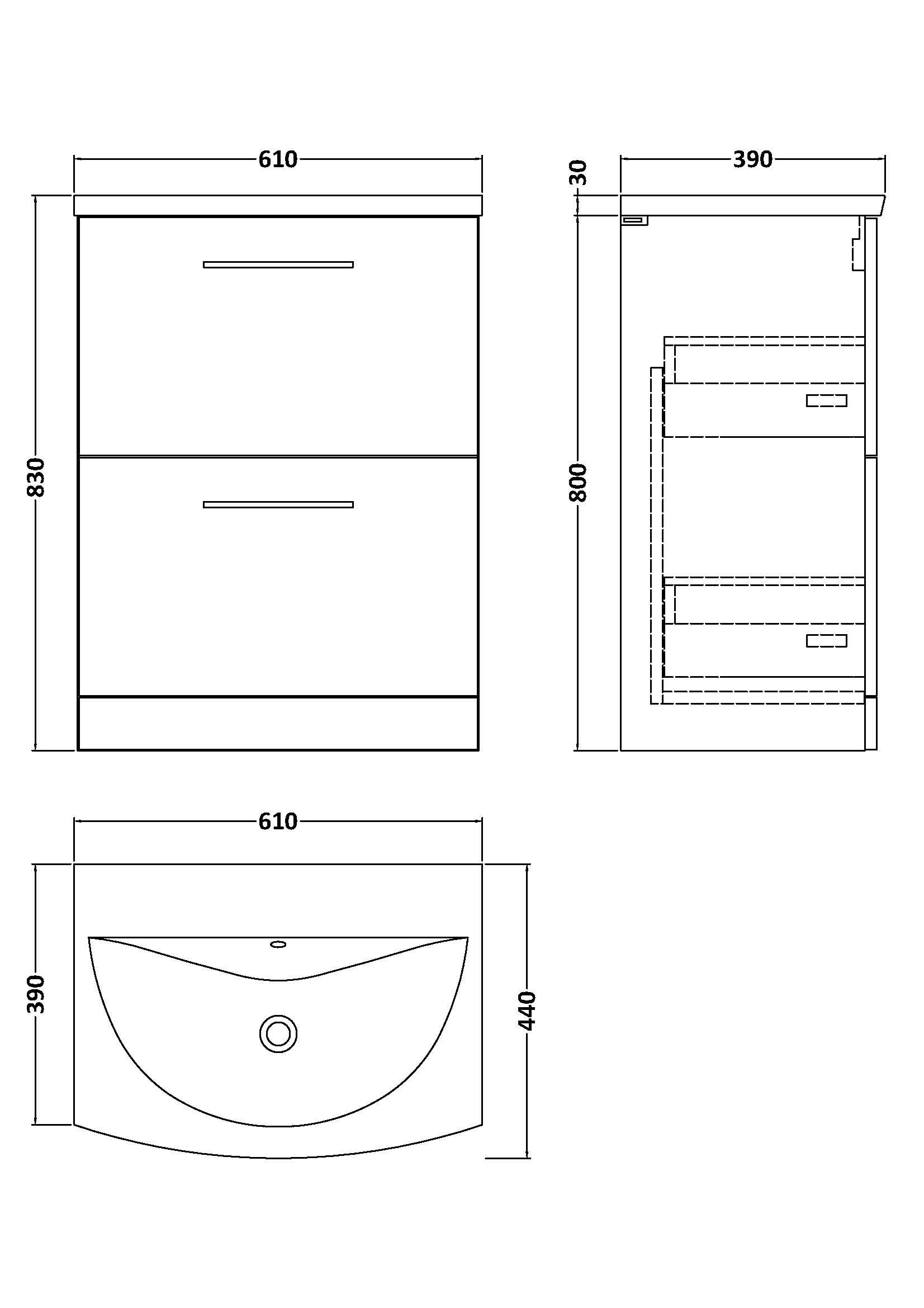 Nuie Arno Floor Standing 2 Drawer Vanity Unit & Curved Ceramic Basin, Compact Sink Vanity Unit, Soft Black, 600mm