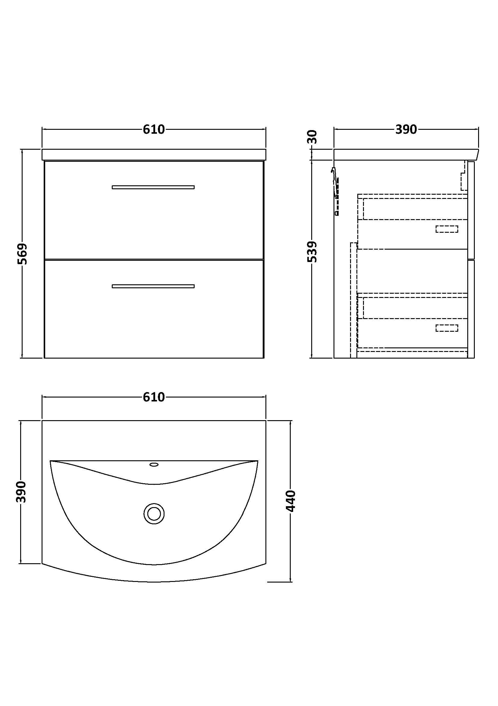 Nuie Arno Wall Hung 2 Drawer Vanity Unit & Curved Ceramic Basin, Contemporary Sink Vanity Unit in Bleached Oak, 600mm
