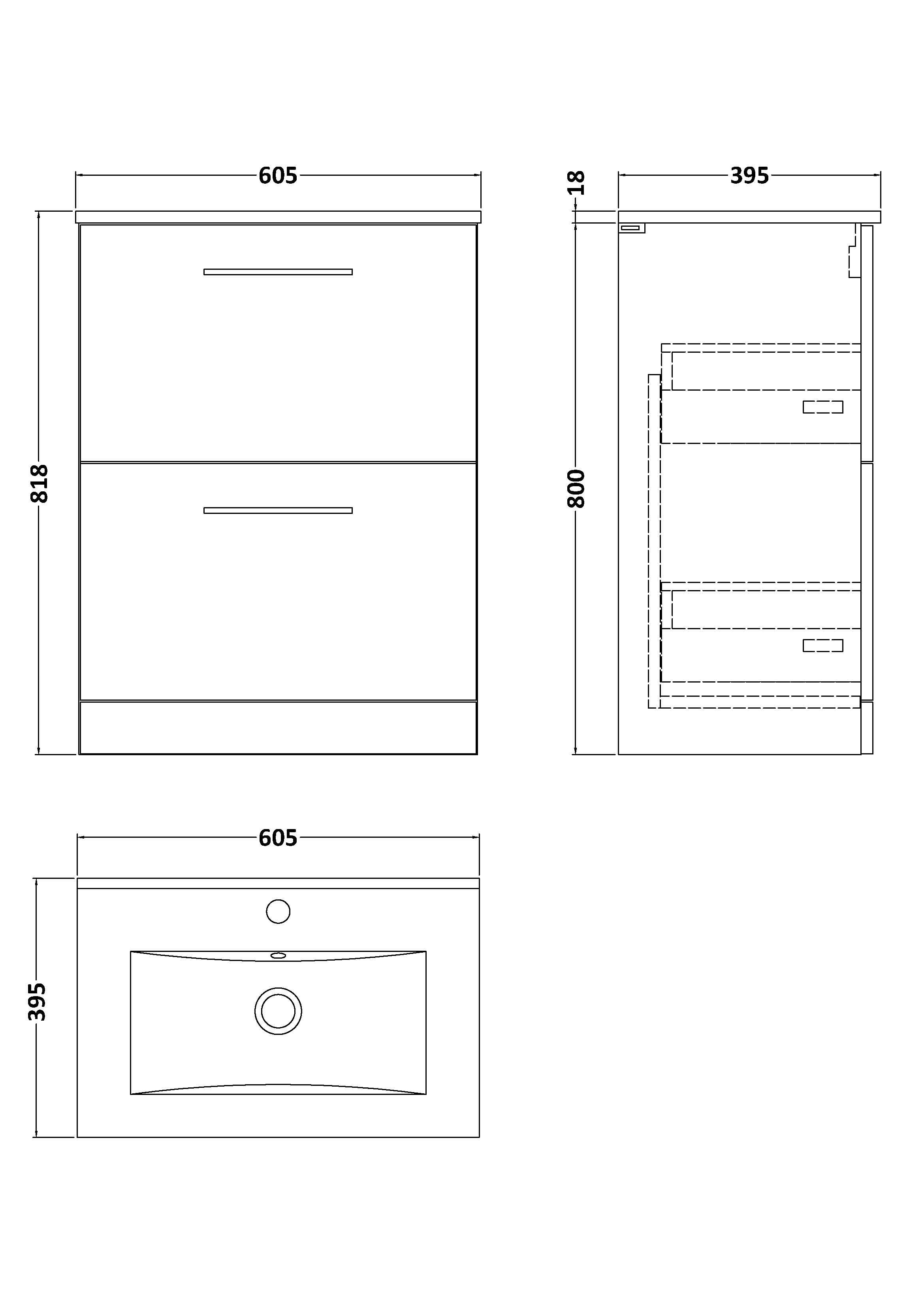 Nuie Arno Floor Standing 2 Drawer Vanity Unit & Minimalist Ceramic Basin, Contemporary Sink Vanity Unit in Bleached Oak, 600mm