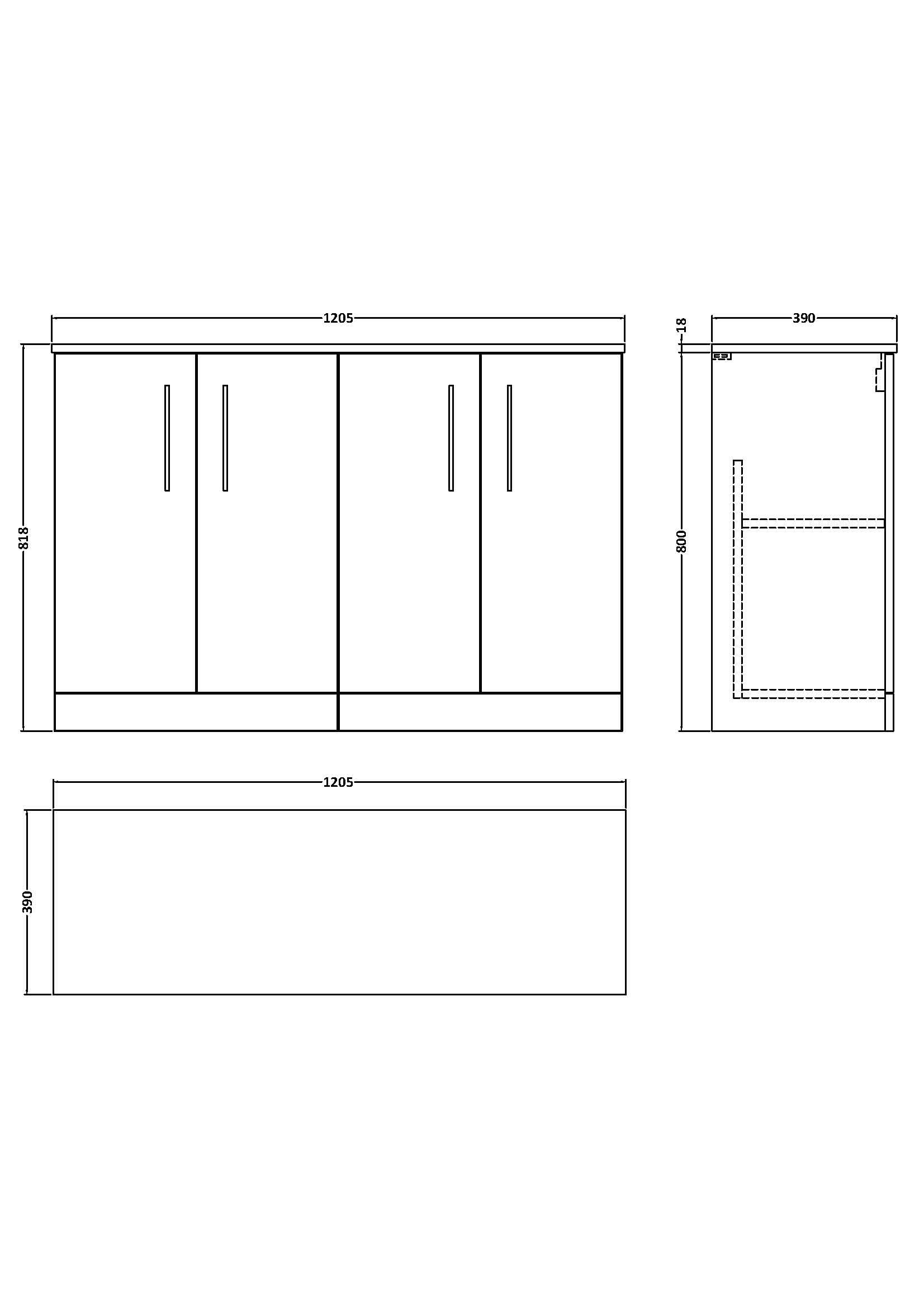 Line drawing of the Nuie Arno 4 Door Floorstanding Vanity Unit With Worktop by Nuie. Floorstanding design with four doors, simple handles, and dimensions of 1200mm (W) x 815mm (H) x 390mm (D), shown from top, front, and side views.