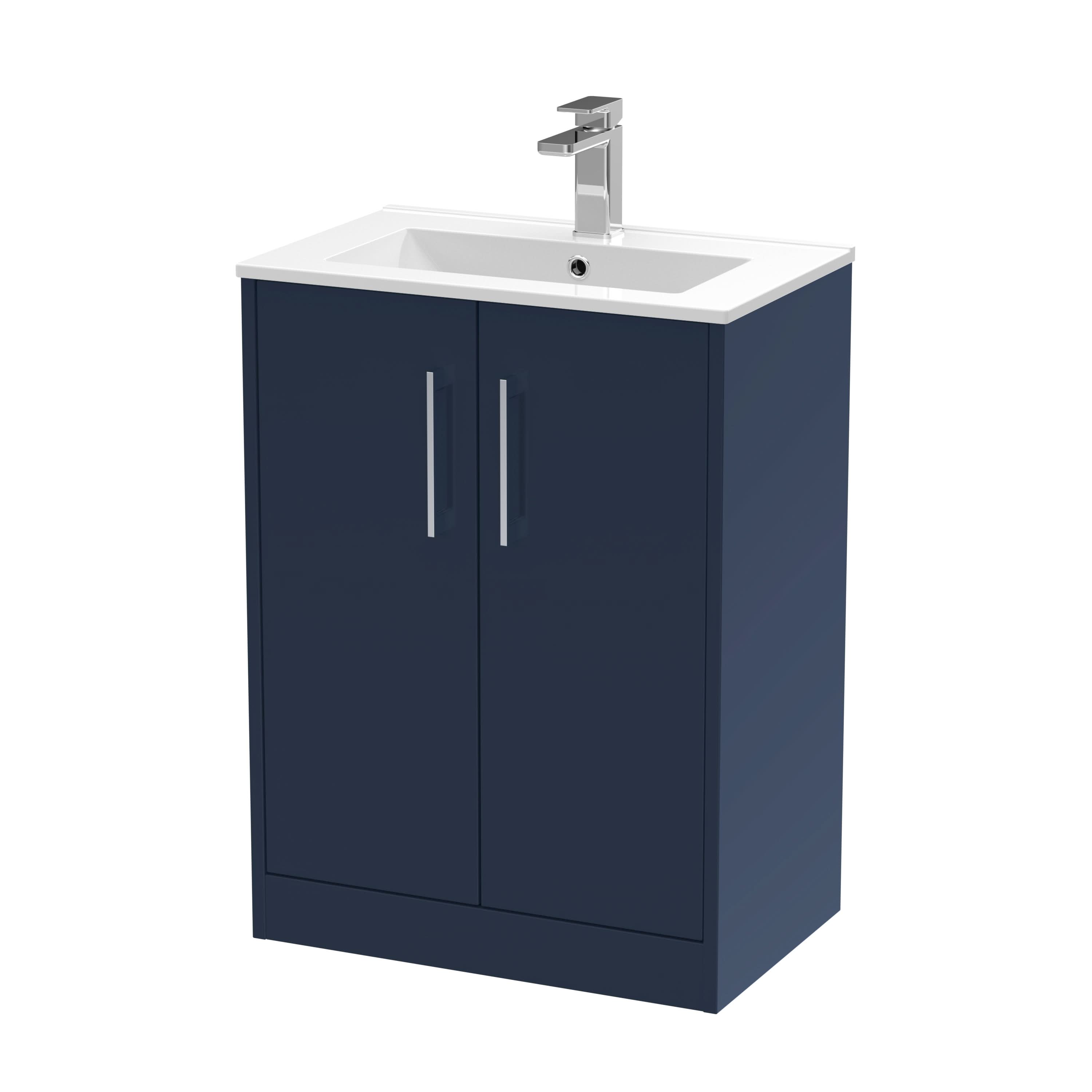 Hudson Reed Juno Floor Standing Vanity Unit with White Basin, Bathroom Vanity Unit with Soft Close Doors, Sink Vanity Unit for Modern Bathrooms in Midnight Blue, 600mm