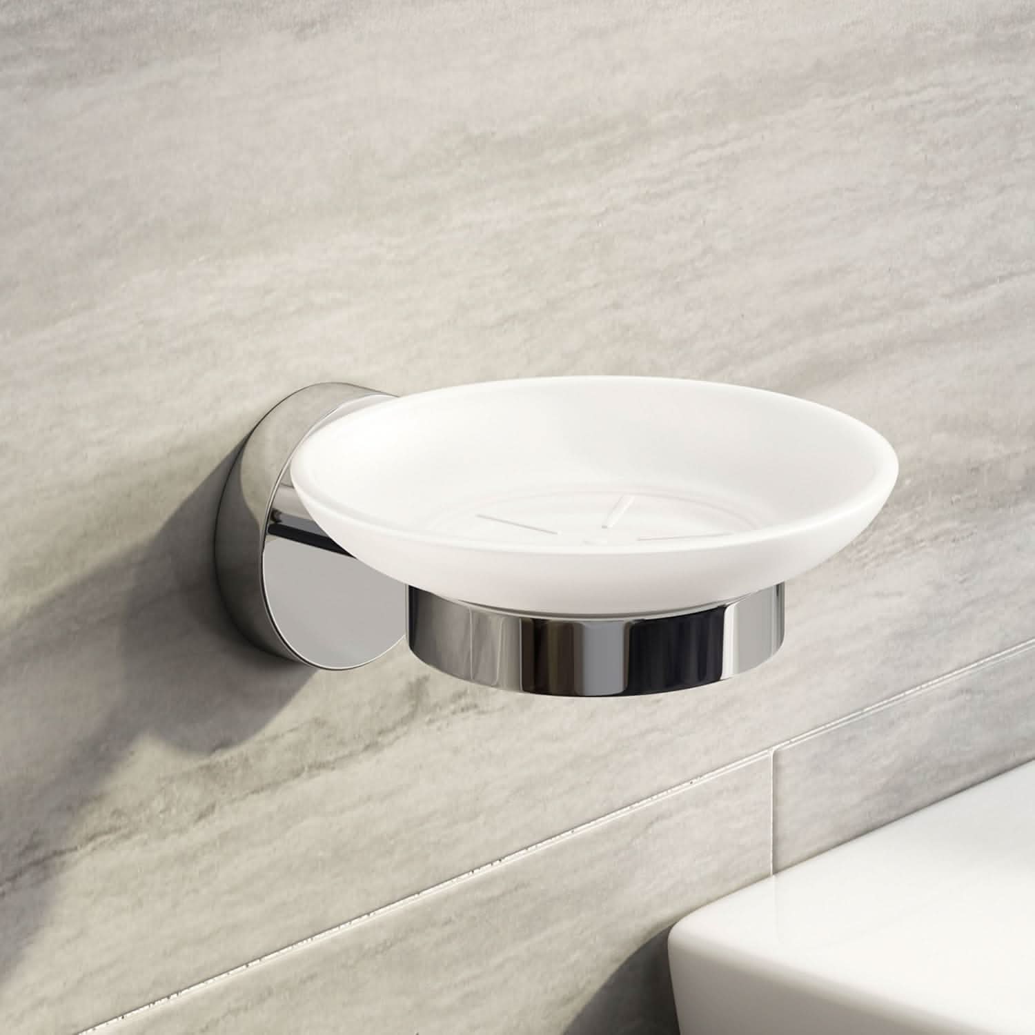 iBathUK Lumo Designer Bathroom Accessory Set, Wall Mounted Soap Dish & Toothbrush Holder with Tumbler in Chrome Finish