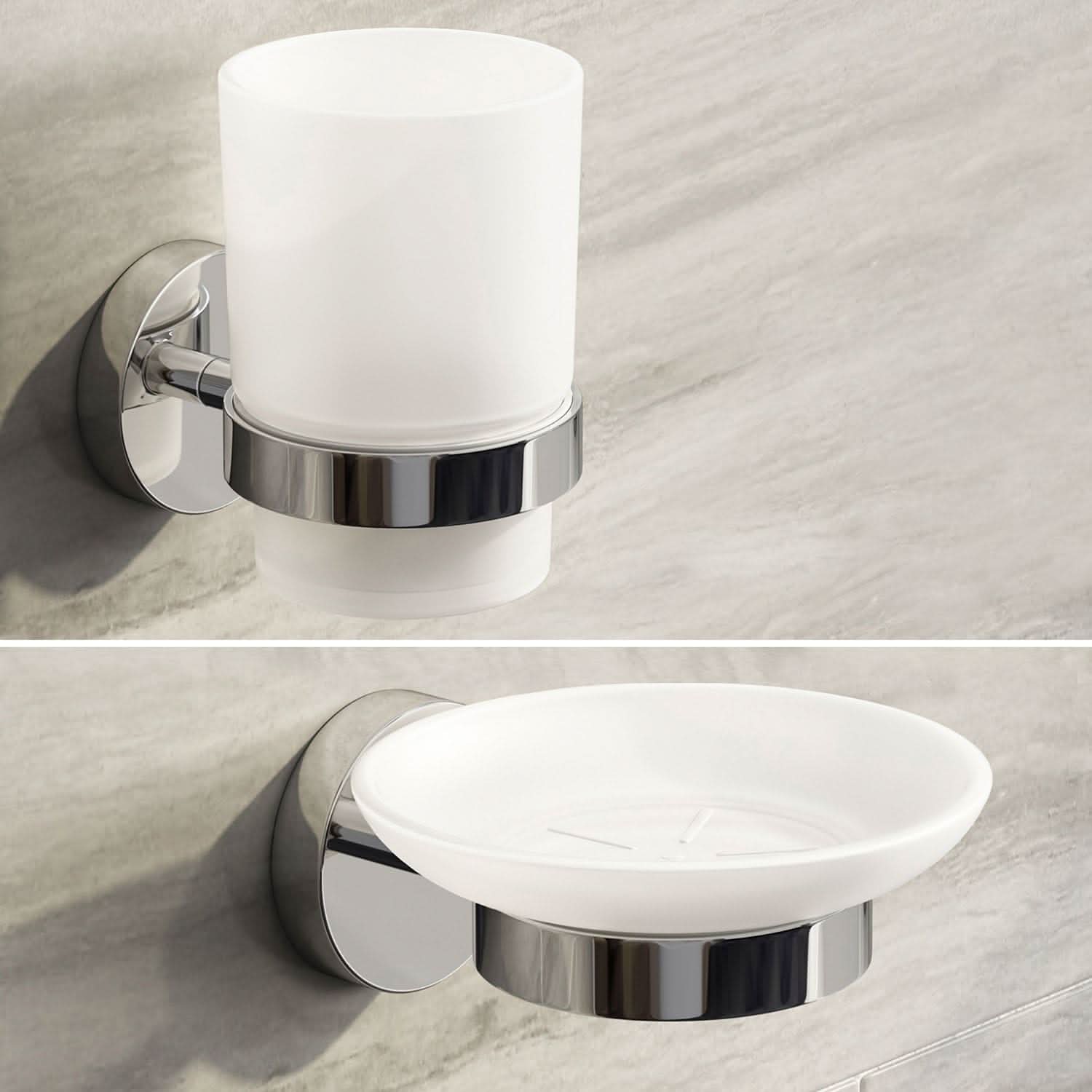 iBathUK Lumo Designer Bathroom Accessory Set, Wall Mounted Soap Dish & Toothbrush Holder with Tumbler in Chrome Finish