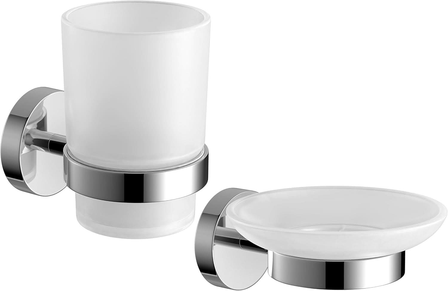 iBathUK Lumo Designer Bathroom Accessory Set, Wall Mounted Soap Dish & Toothbrush Holder with Tumbler in Chrome Finish