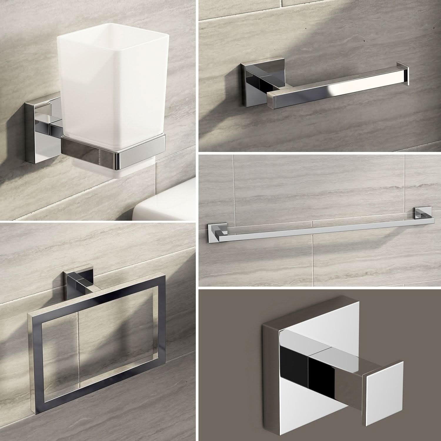 iBathUK Vanta Modern Chrome Square Bathroom Accessory Set, 5 Piece Wall Mounted Complete Kit for Contemporary Bathrooms