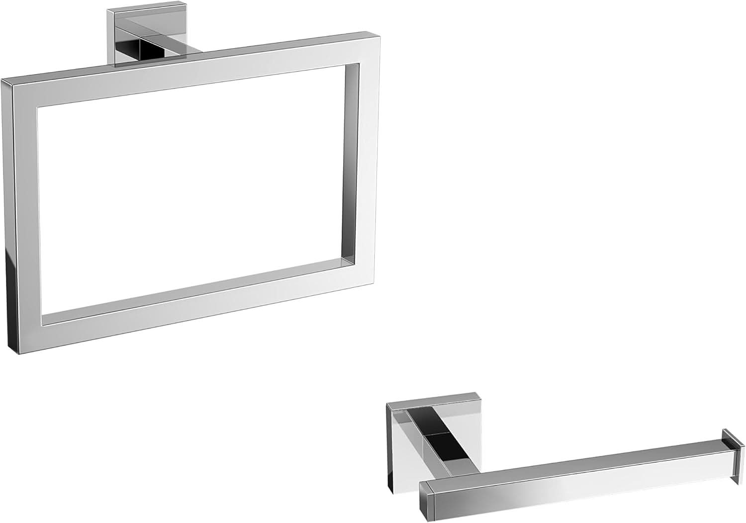 iBathUK Vanta Modern Square Bathroom Accessory Set, Chrome Towel Ring & Toilet Roll Holder Wall Mounted Duo