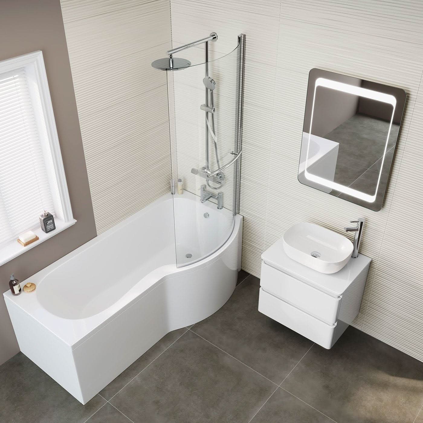 iBathUK Strux Right Hand P-Shaped Shower Bath with Screen, Rail & Front Panel, Modern P Shaped Bath with Screen, 1700 x 850mm