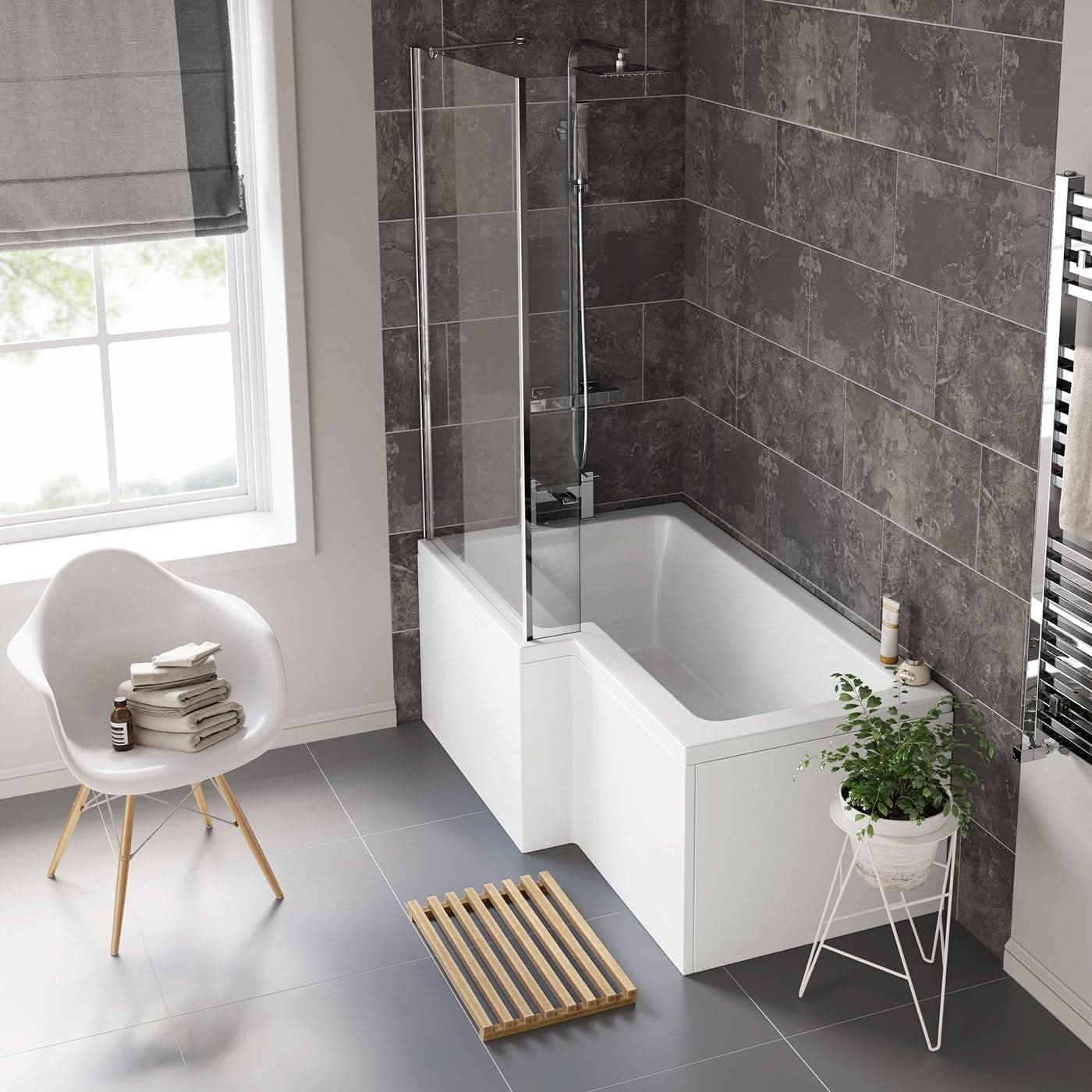 iBathUK Strux Left Hand L-Shaped Shower Bath, Modern Acrylic Bath with Toughened Glass Screen Included, Modern P Shaped Bath with Screen, 1700 x 850mm