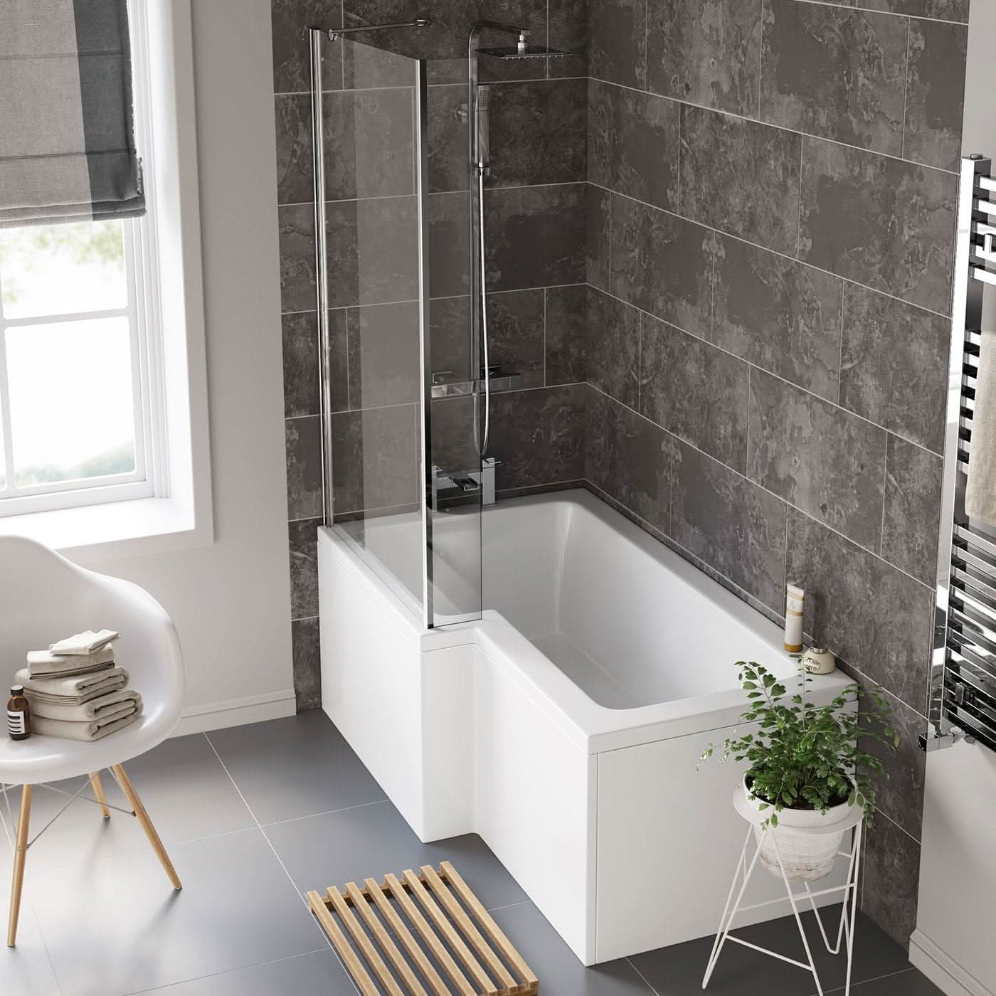 iBathUK Strux Left Hand L-Shaped Shower Bath, Modern Acrylic Bath with Toughened Glass Screen Included, Modern P Shaped Bath with Screen, 1700 x 850mm