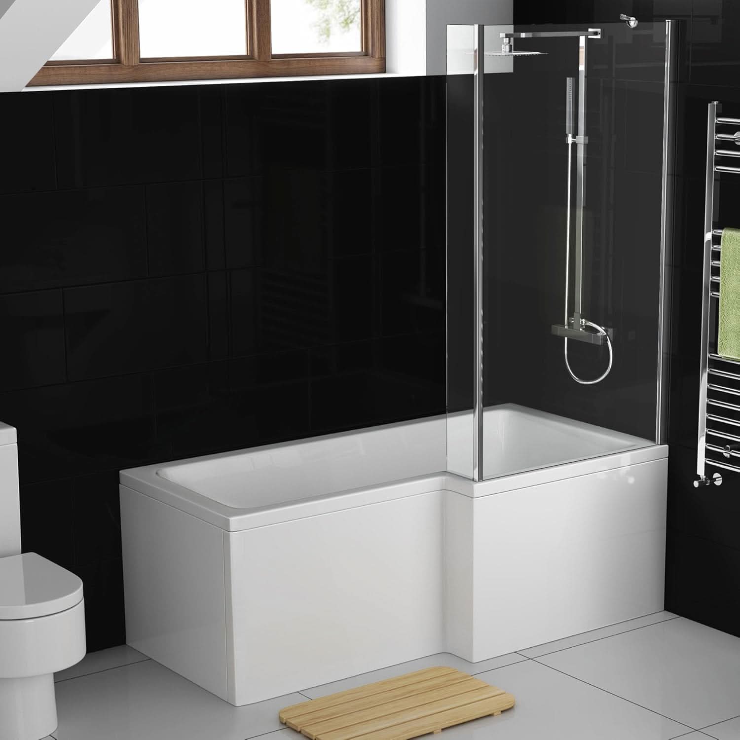 iBathUK Velza Right Hand L-Shaped Shower Bath, Modern Acrylic Bathtub with Glass Shower Screen & Matching Front Panel, L Shaped Bath Screen, 1500mm