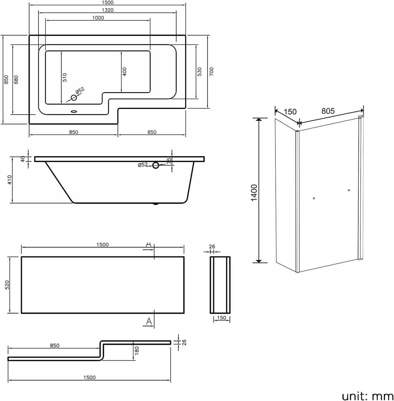 iBathUK Veil Left Hand L-Shaped Shower Bath, Modern Acrylic Bathtub with Glass Shower Screen & Matching Front Panel, L Shaped Bath Screen, 1500mm