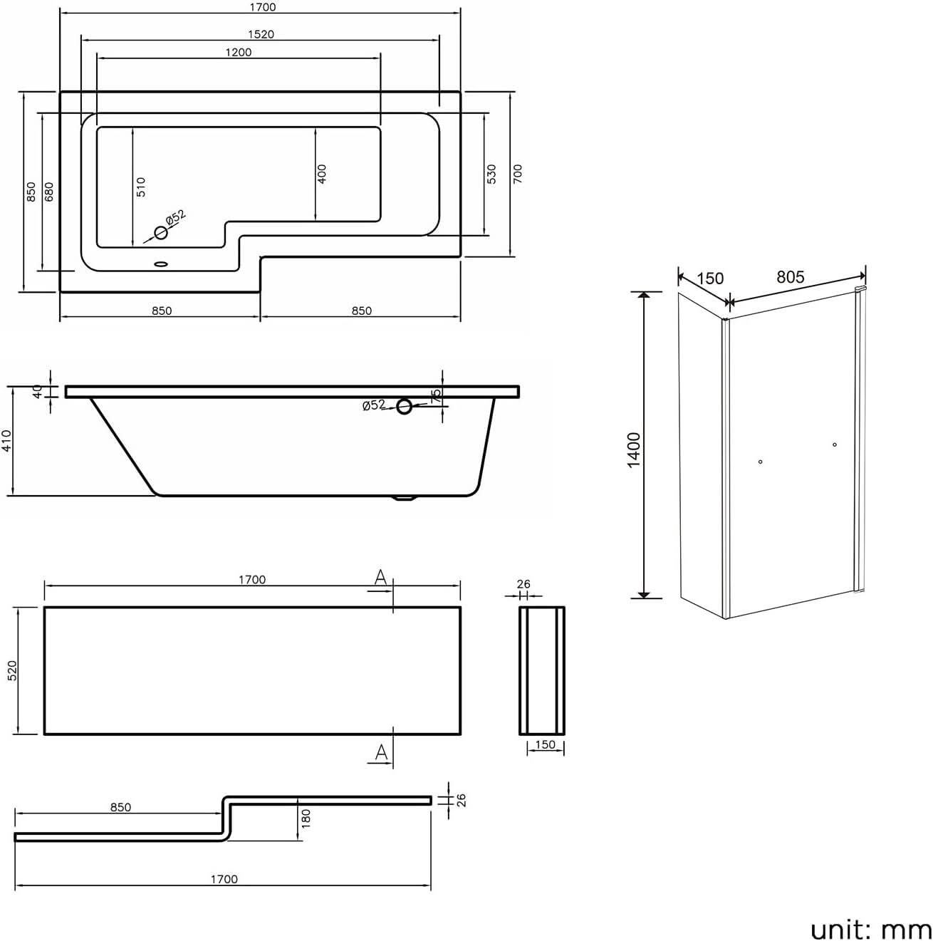 iBathUK Veil Left Hand L-Shaped Shower Bath, Straight Acrylic Bathtub with Glass Screen & Panel, L Shaped Bath Screen, 1700mm