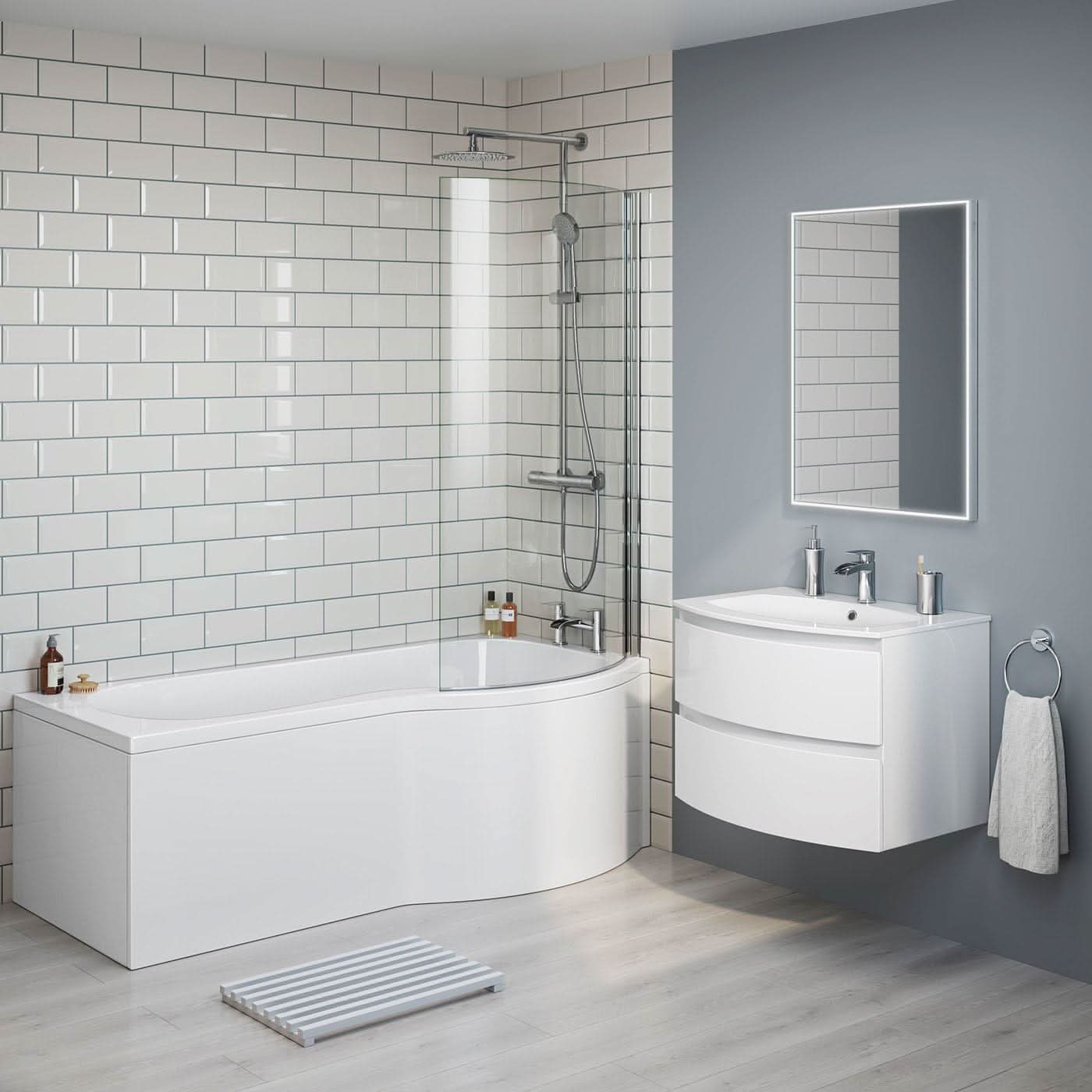 iBathUK Soffra Right Hand P-Shaped Shower Bath, Luxury Acrylic Straight Bathtub with Glass Screen & Matching Front Panel, P Shaped Bath with Screen, 1700mm