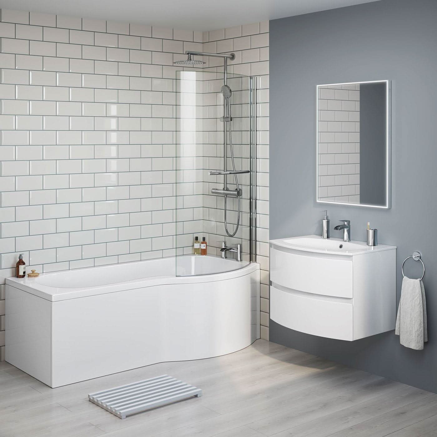 iBathUK Soffra Right Hand P-Shaped Shower Bath, Luxury Acrylic Bathtub with Glass Screen & Panel, P Shaped Bath with Screen, 1700mm