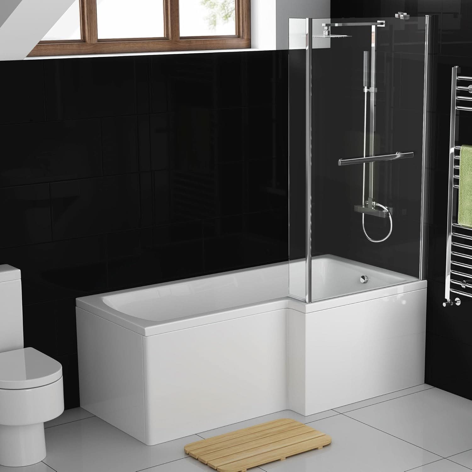iBathUK Zenvy Right Hand L-Shaped Shower Bath, Modern Straight Acrylic Bathtub with Glass Shower Screen Set, L Shaped Bath Screen, 1500mm