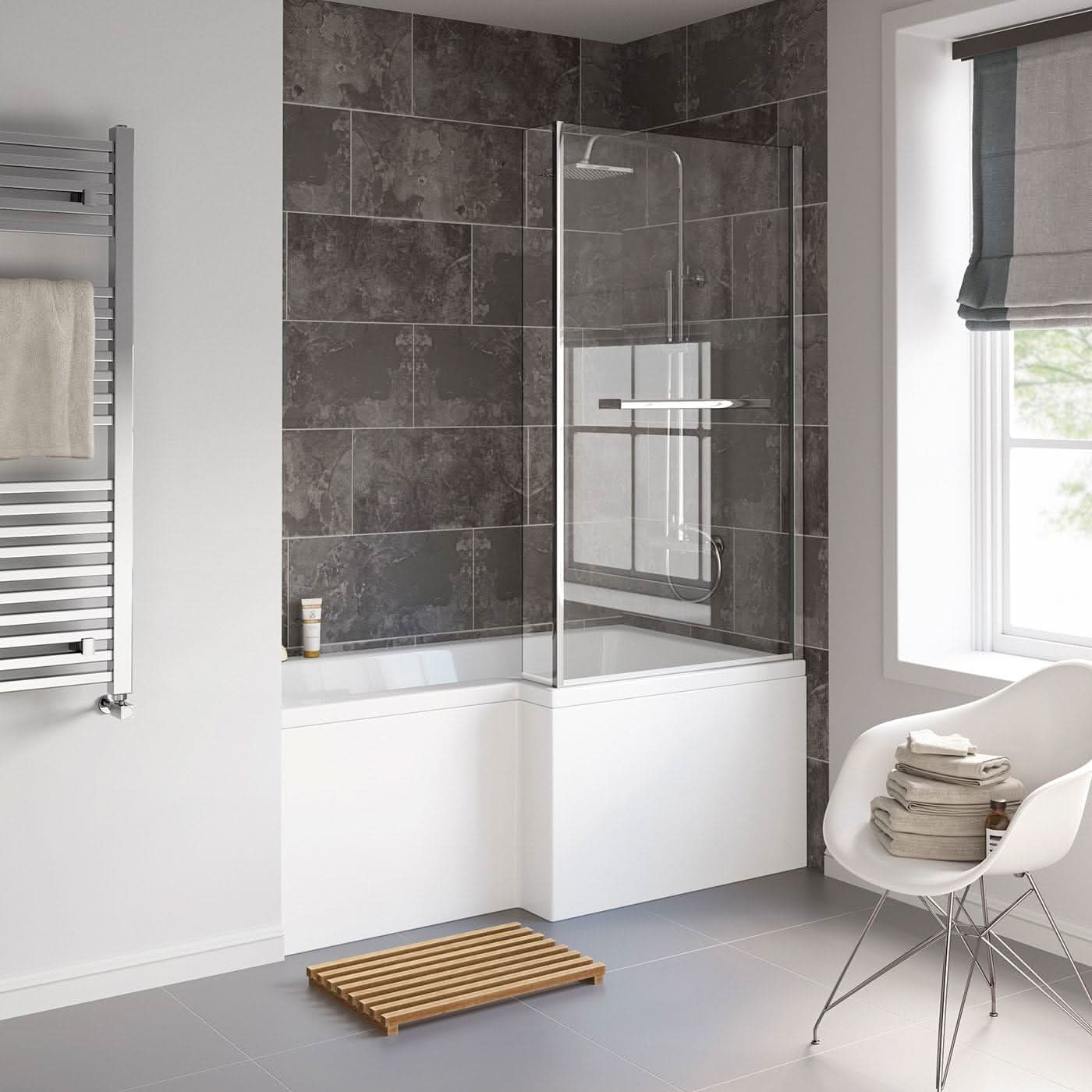 iBathUK Zenvy Right Hand L-Shaped Bath, 6mm Glass Shower Screen, Rail & Front Panel Included, L Shaped Bath Screen, 1500x850mm