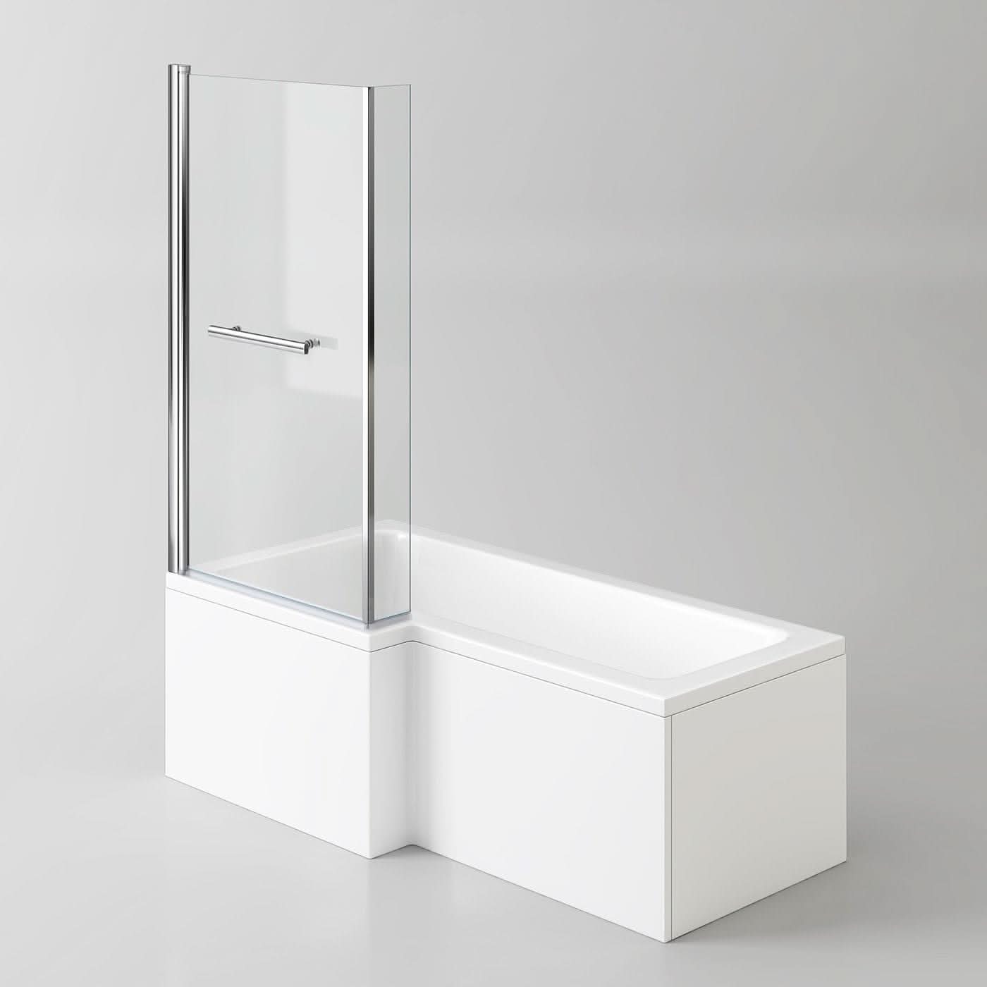 iBathUK Brim Left Hand L-Shaped Shower Bath, Acrylic Bathtub with Glass Screen & Matching Front Panel Bathroom Set, L Shaped Bath Screen, 1700mm