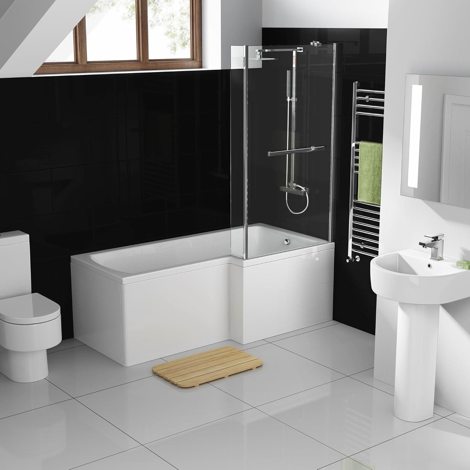 iBathUK Trace Right Hand L-Shaped Shower Bath, Modern Straight Acrylic Bathtub with Glass Screen & Matching Front Panel, L Shaped Bath Screen, 1700mm