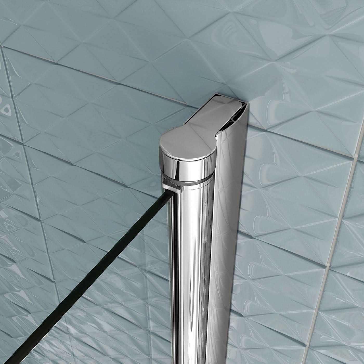 iBathUK Quell Right Hand L-Shaped Shower Bath, White Acrylic Bathtub with Glass Screen, Chrome Rail & Side Panel, L Shaped Bath Screen, 1700mm