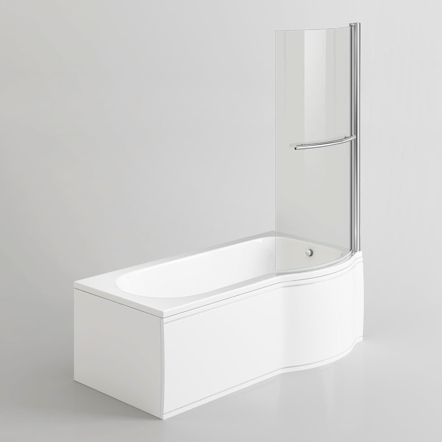 iBathUK Solna P-Shaped Shower Bath Set, Modern Acrylic Bathtub with 6mm Glass Screen, P Shaped Bathtub Panel, Chrome Rail & Matching Front Panel
