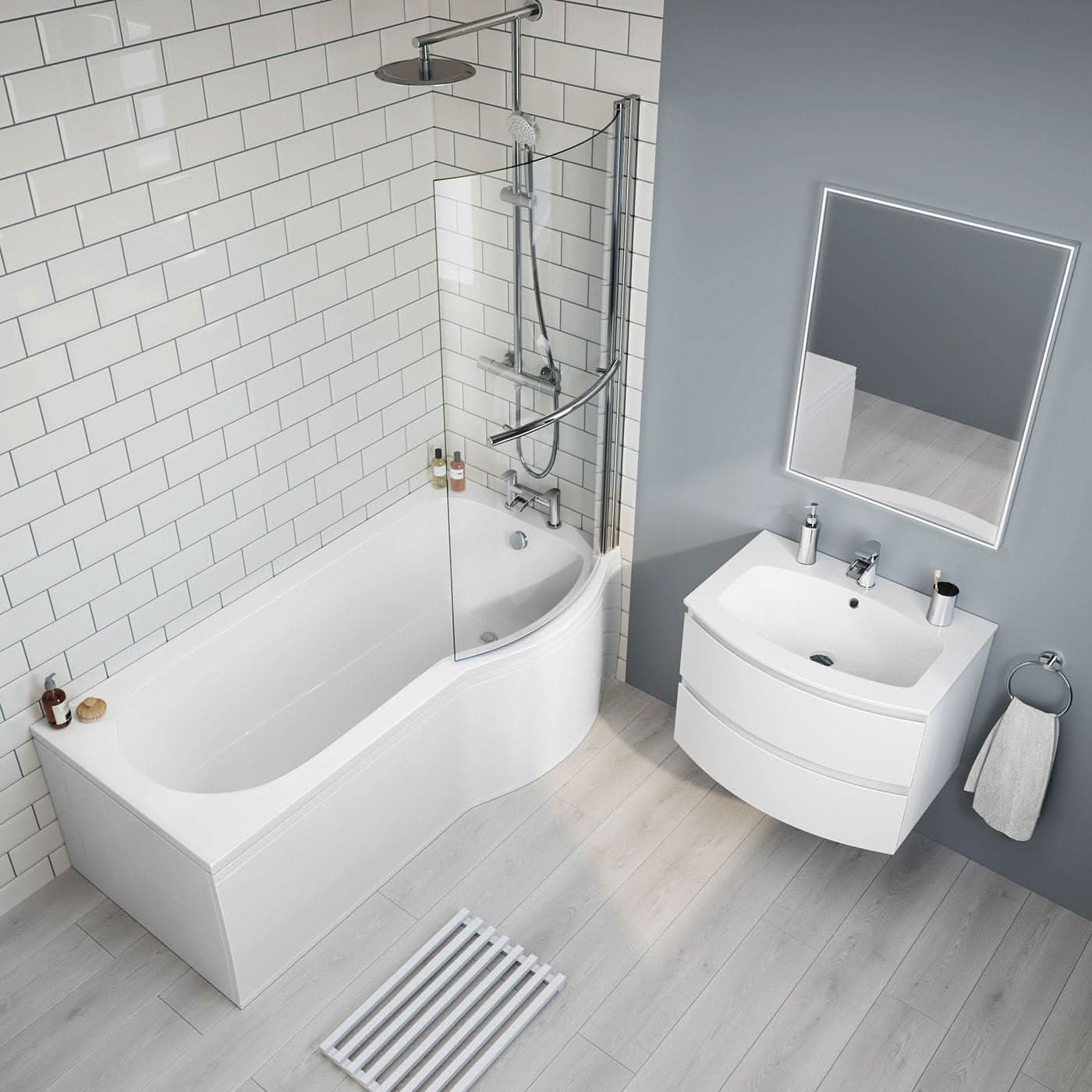 iBathUK Solna P-Shaped Shower Bath Set, Modern Acrylic Bathtub with 6mm Glass Screen, P Shaped Bathtub Panel, Chrome Rail & Matching Front Panel
