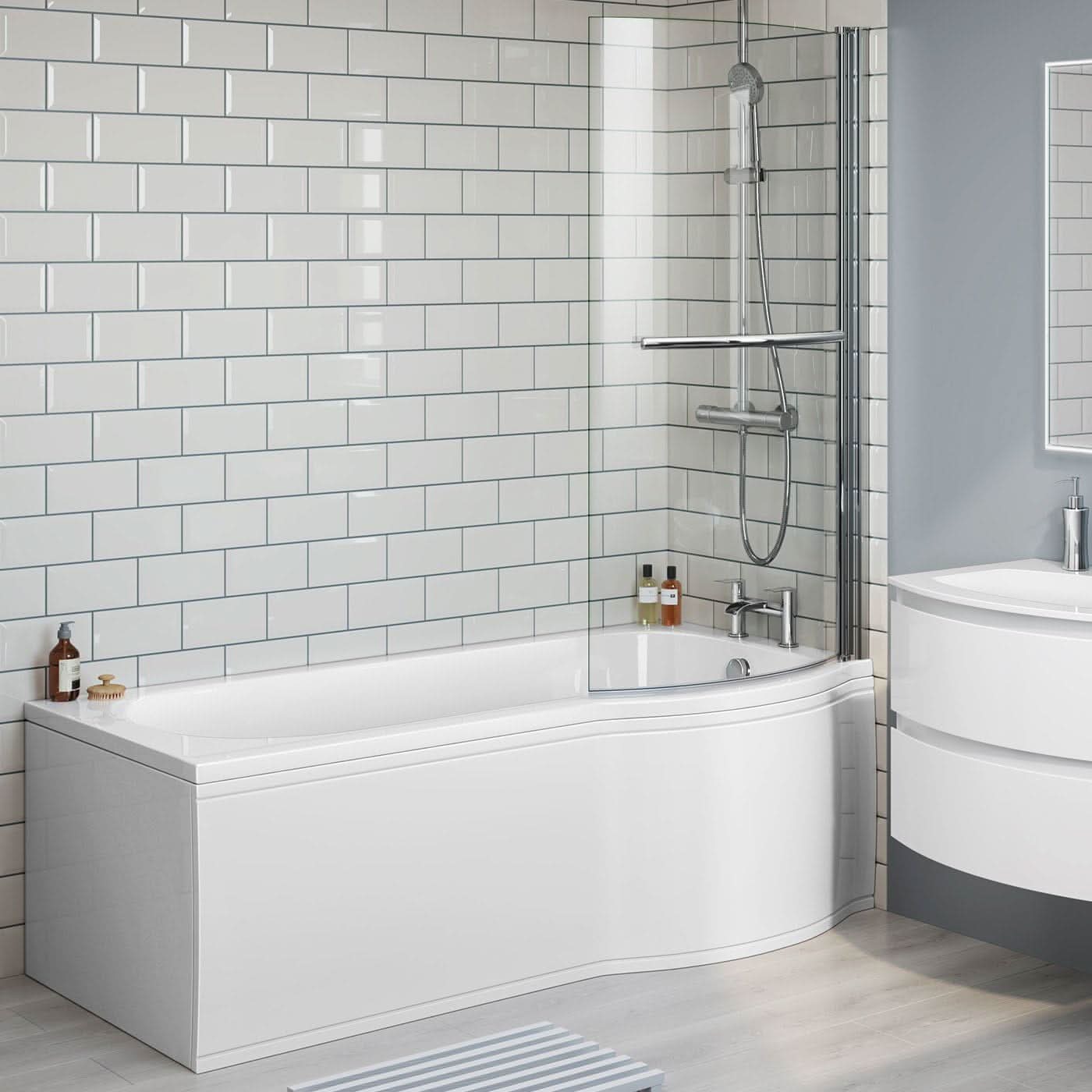 iBathUK Solna P-Shaped Shower Bath Set, Modern Acrylic Bathtub with 6mm Glass Screen, P Shaped Bathtub Panel, Chrome Rail & Matching Front Panel