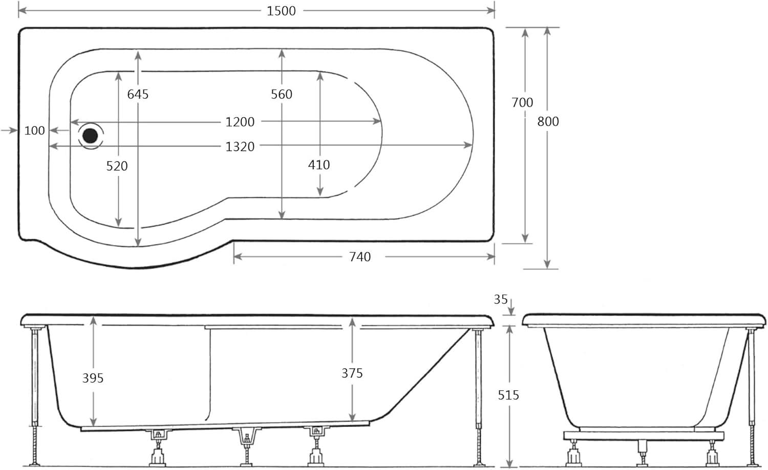 iBathUK Trena Left Hand P-Shaped Shower Bath, Modern Acrylic Bathtub with Glass Screen & Matching Side Panel, P Shaped Bathtub Panel, 1500mm