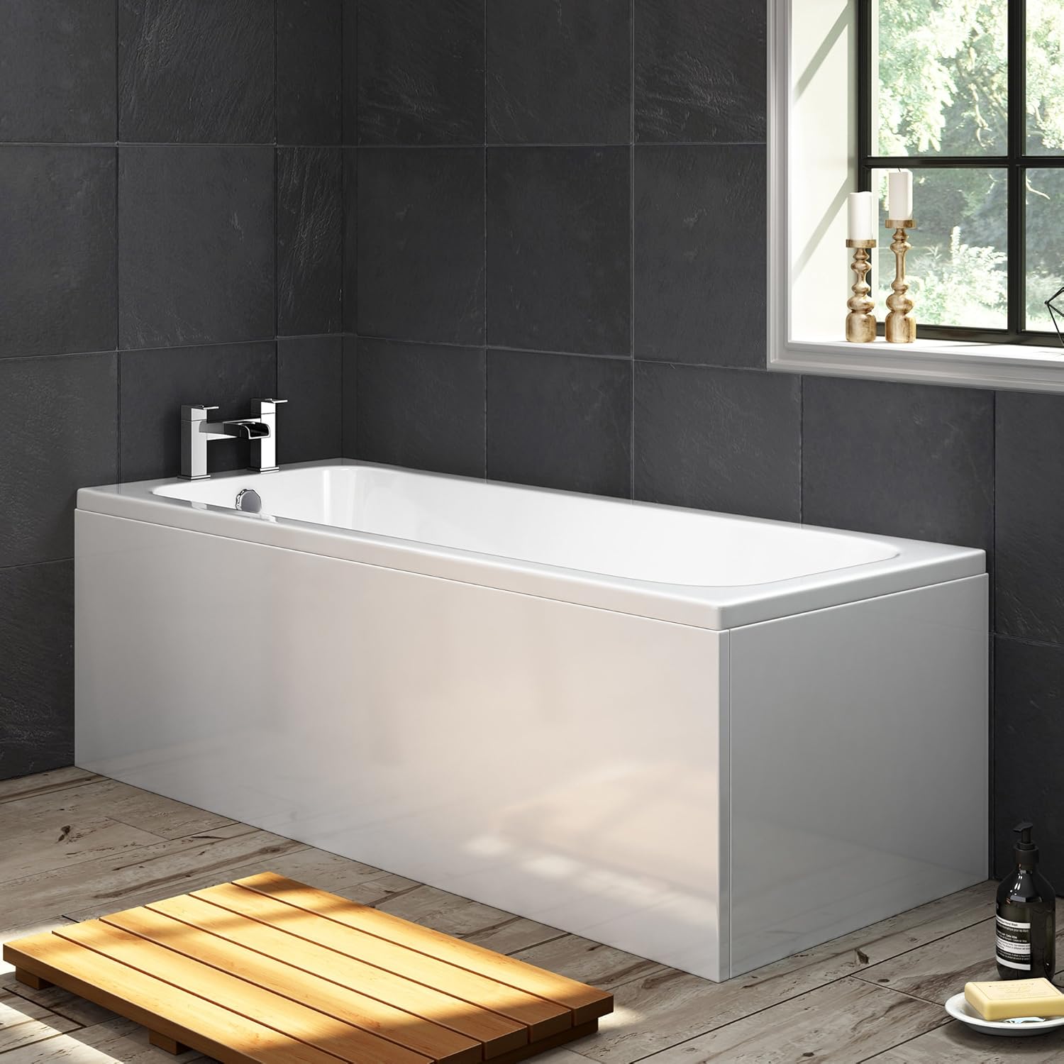 iBathUK Arvon Luxury Single Ended Straight Bath, Large Acrylic Bathtub with Matching Front Panel Set for Modern Bathrooms, 1700mm