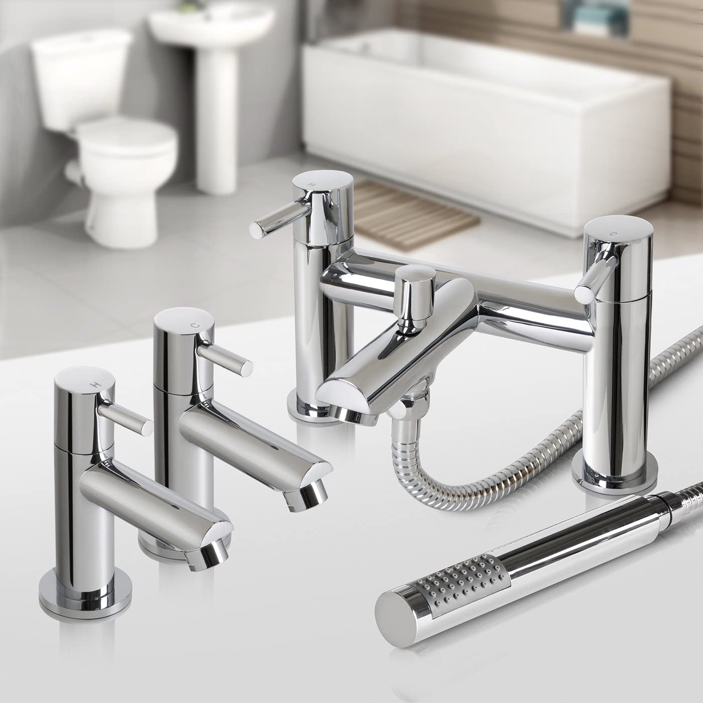 iBathUK Delta Pair of Hot and Cold Basin Sink Mixer Taps Bath Filler with Shower Head Set, Stylish Bathroom Basin Mixer Taps for Everyday Use