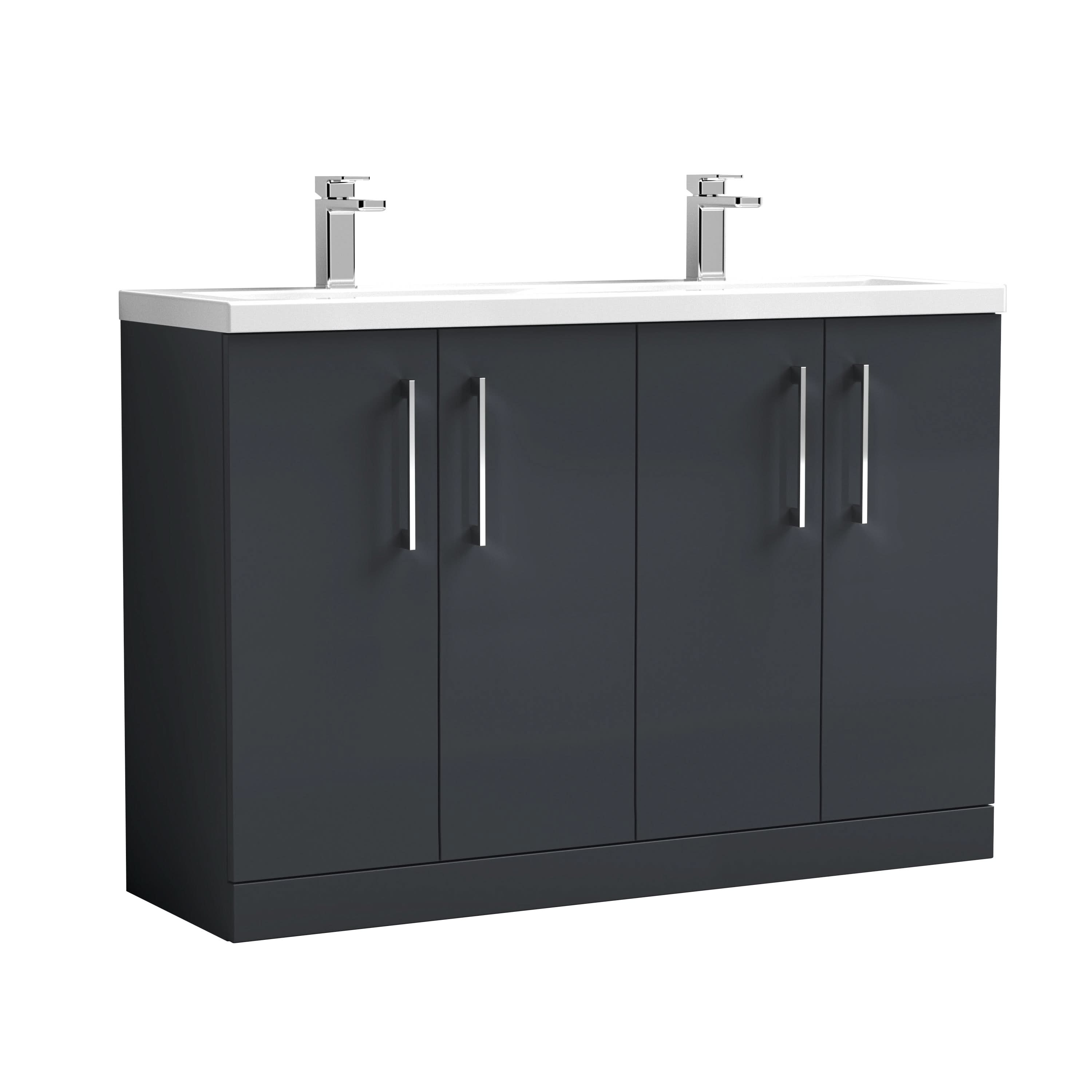 Nuie Arno Floor Standing 4 Door Vanity & Double Ceramic Basin, Stylish Double Vanity Unit with Basin for Modern Bathrooms, Soft Black, 1200mm
