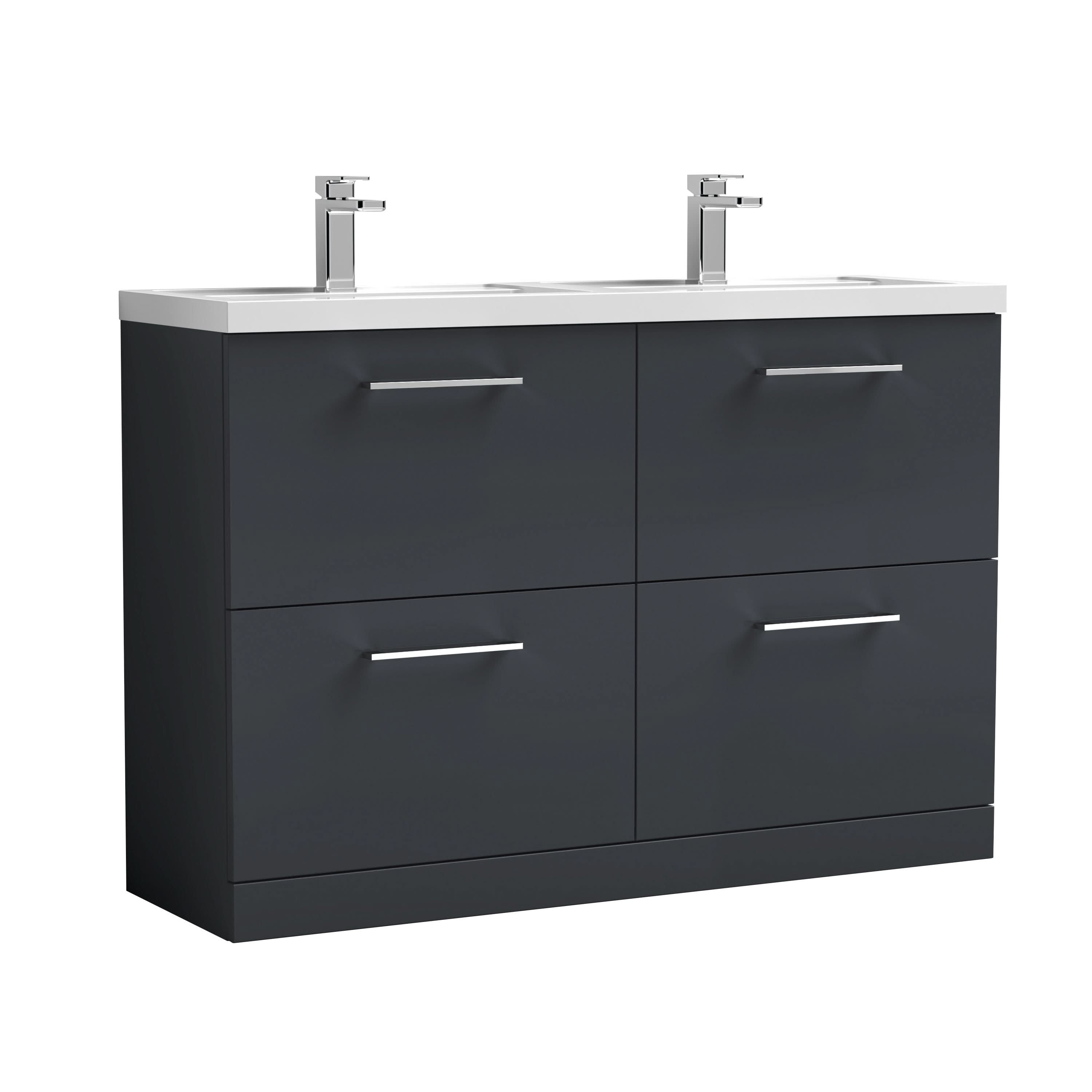 Nuie Arno Floor Standing 4 Drawer Vanity Unit & Double Polymarble Basin, Spacious Sink Vanity Unit, Soft Black, 1200mm